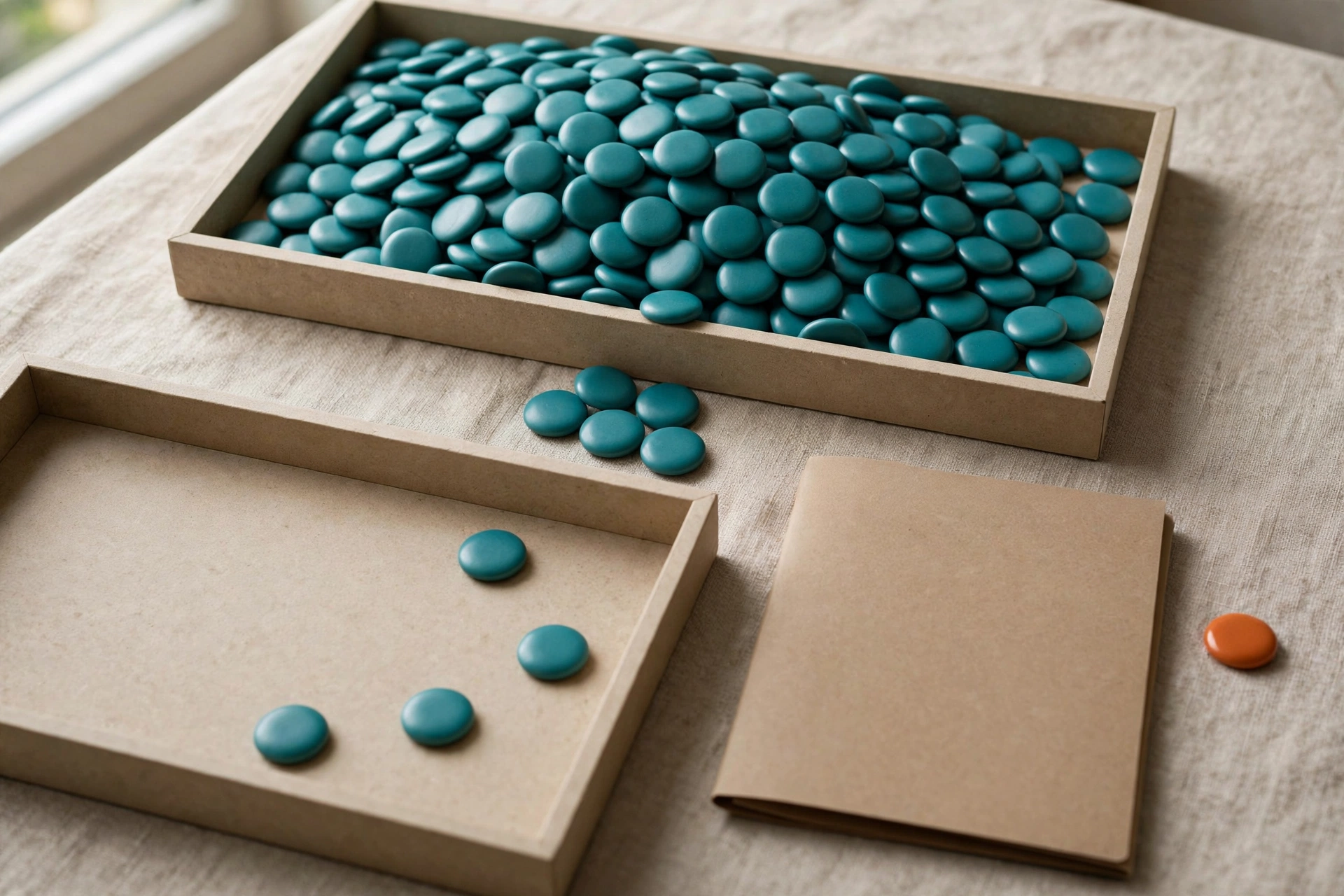 Teal tokens fill one tray, with a few in another, and a small group between them, next to a folder and an orange token.