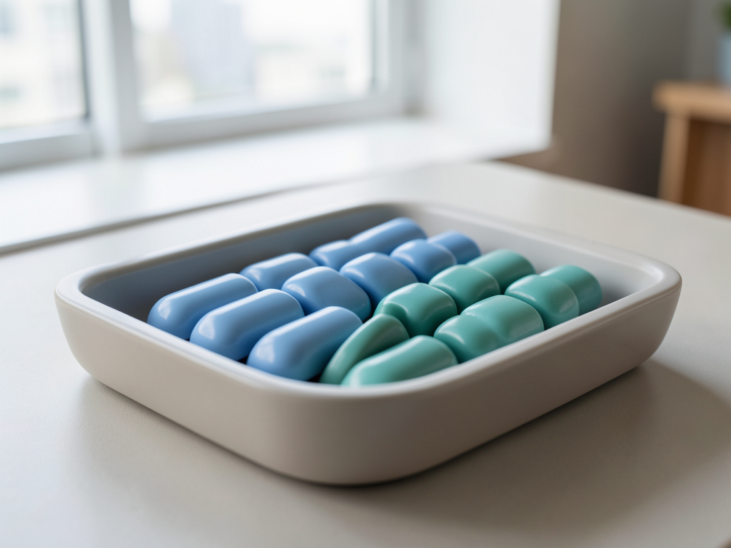 Two streams of blue and teal ceramic tokens converge into one neat ordered row inside a central shallow sorting tray.