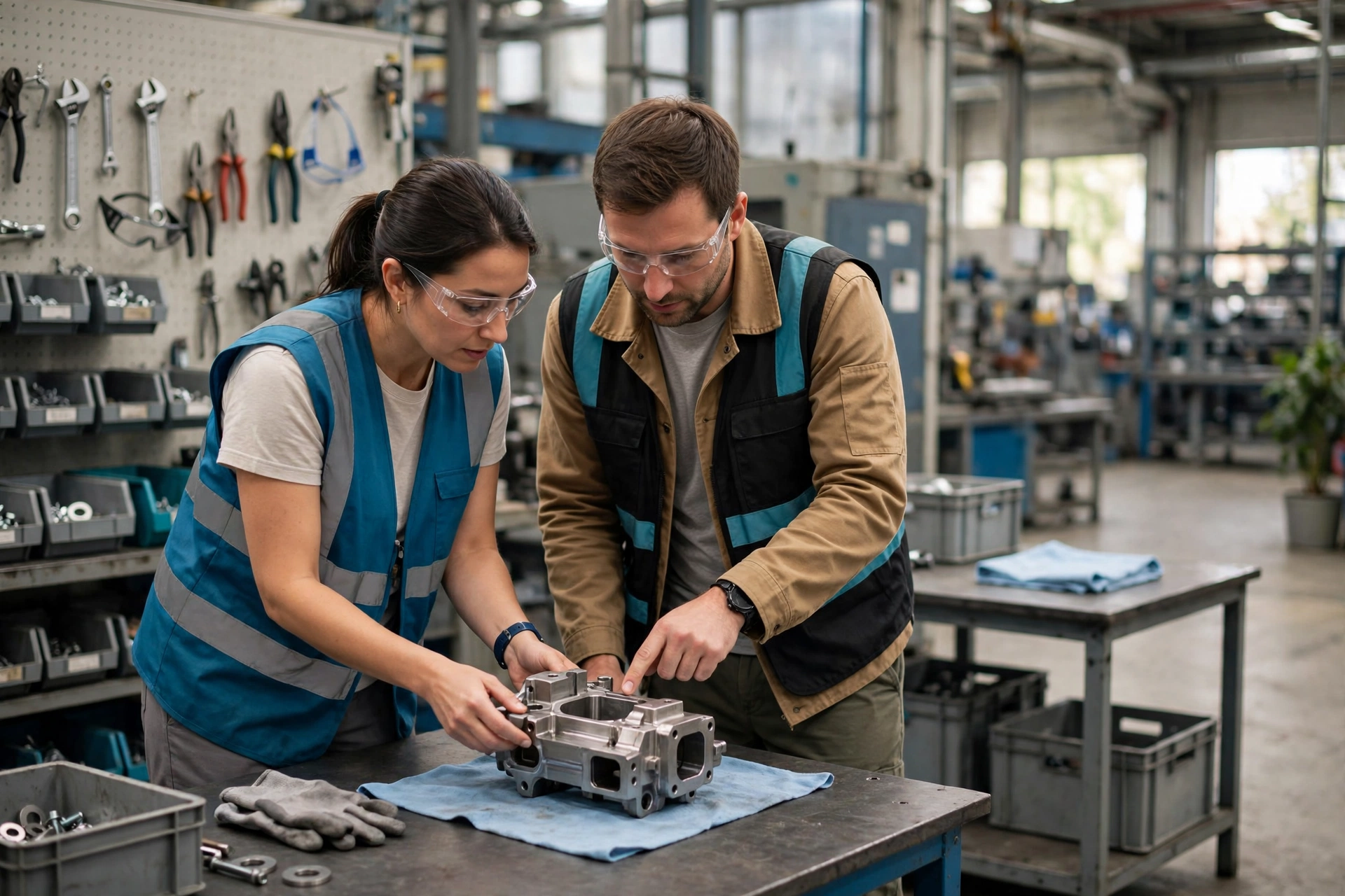 A man and a woman wearing safety glasses and vests inspect a metal component in a factory work cell.