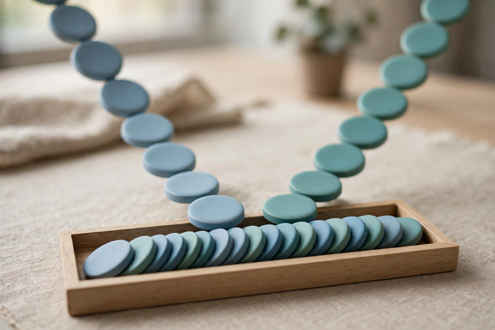 Two strands of blue and teal circular tokens converge into a single ordered row within a wooden sorting tray on a neutral surface.