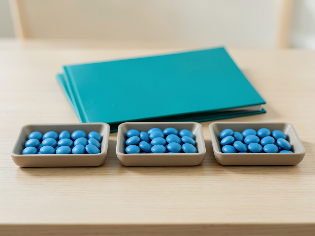 Three shallow trays of blue tokens are arranged on a wooden desk with a teal folder behind them.