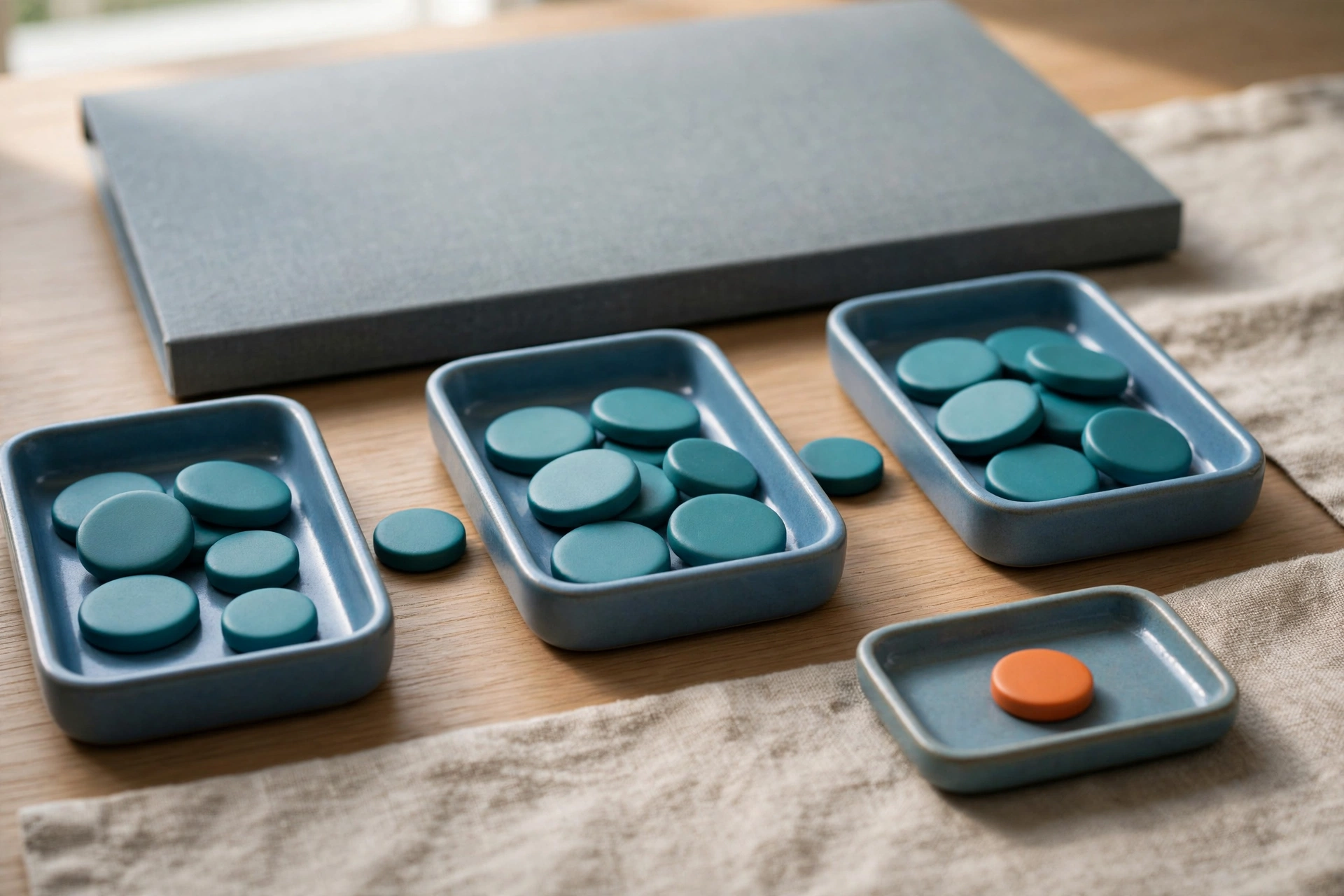Three blue trays with teal tokens and one orange token in a separate tray are arranged on a wooden surface with a gray box behind.