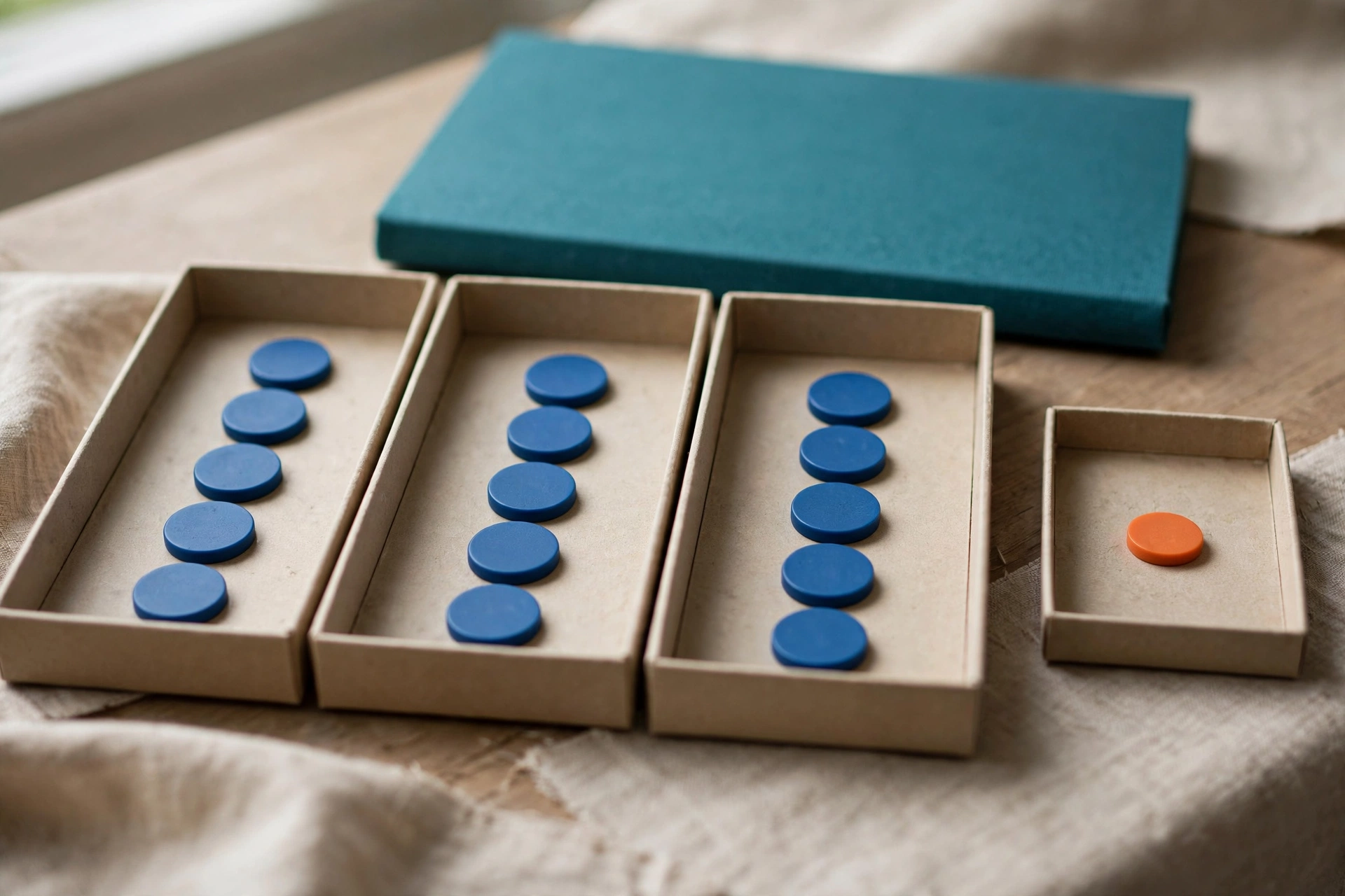 Blue tokens are distributed in three trays, with one orange token in a separate small tray, and a teal folder behind.