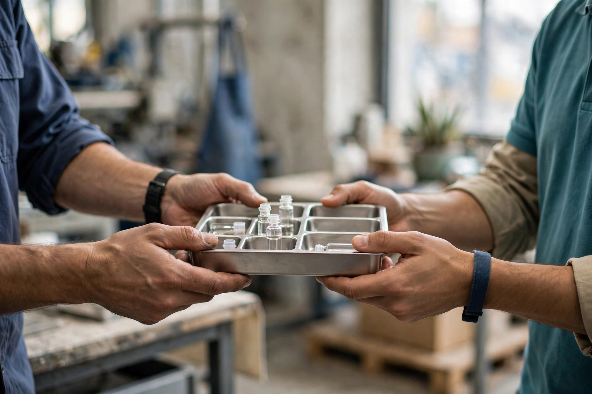 Two men in a manufacturing workshop hold a metal tray containing small glass vials, with one man handing the tray to the other.