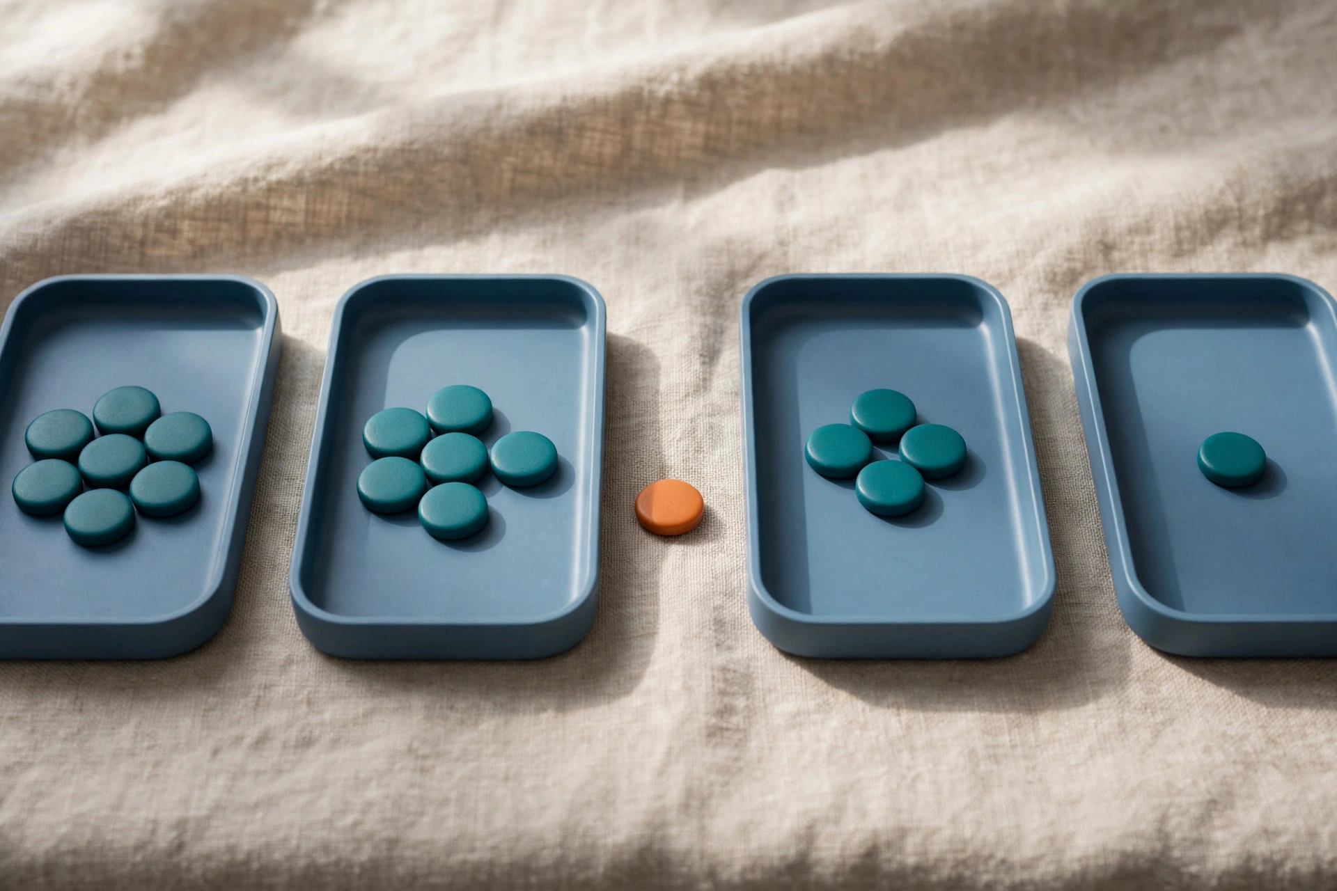 Four blue trays with teal tokens arranged left to right, with an orange token beside the second tray, on a textured surface.