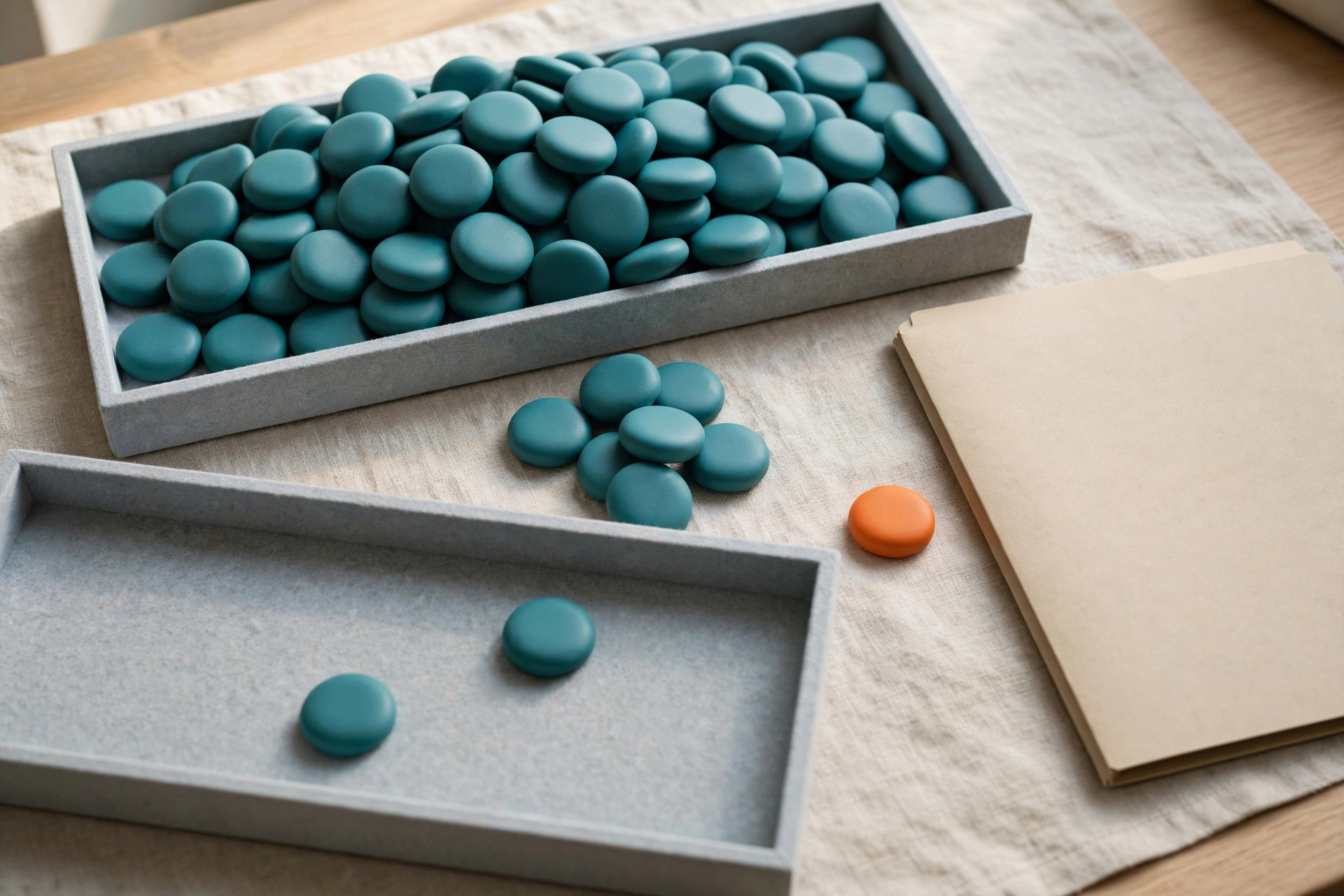 A still life arrangement of teal tokens in trays and an orange token beside a folder.