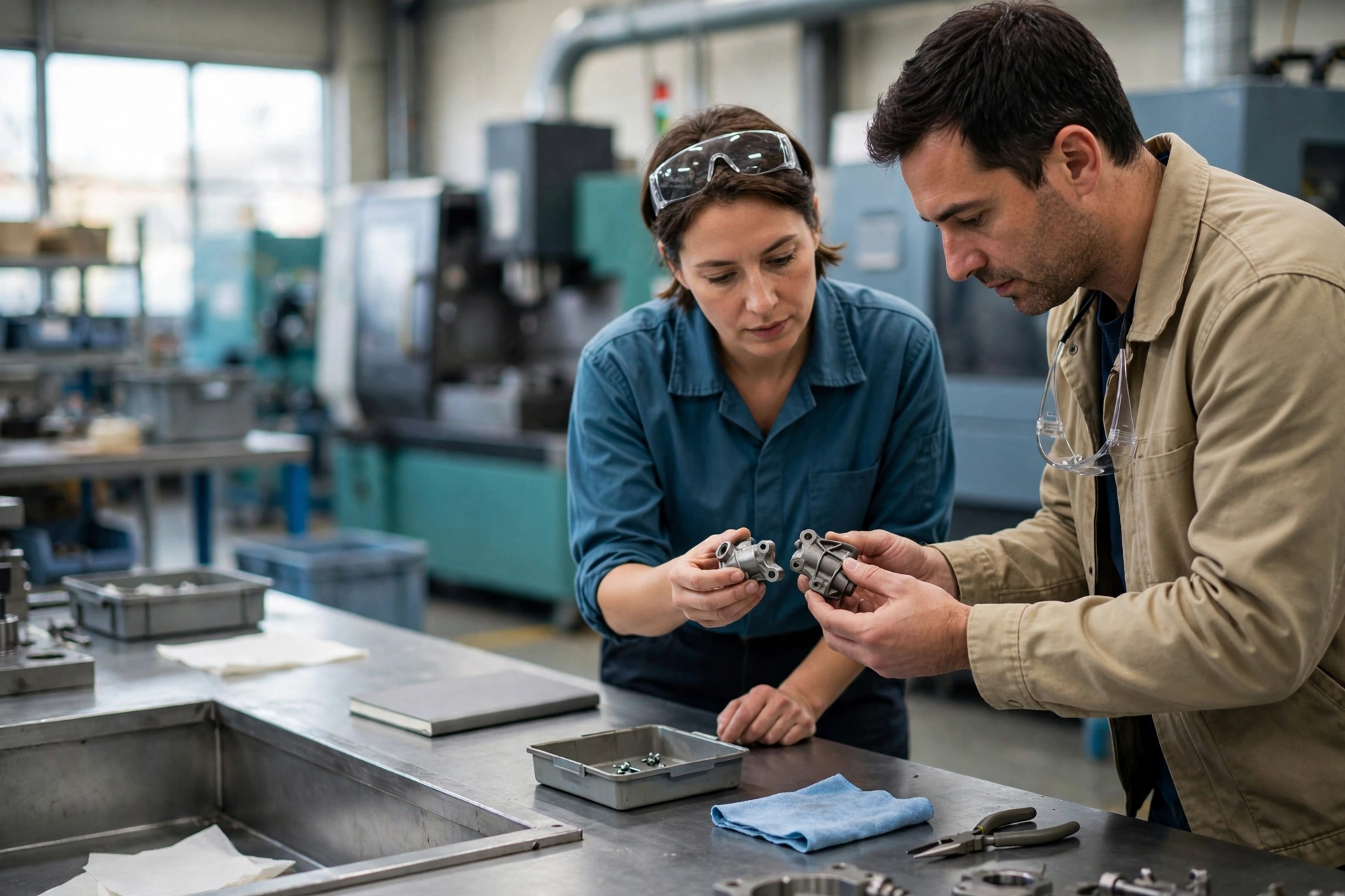 A man and a woman in a manufacturing setting compare two small metal parts while standing at a workbench.