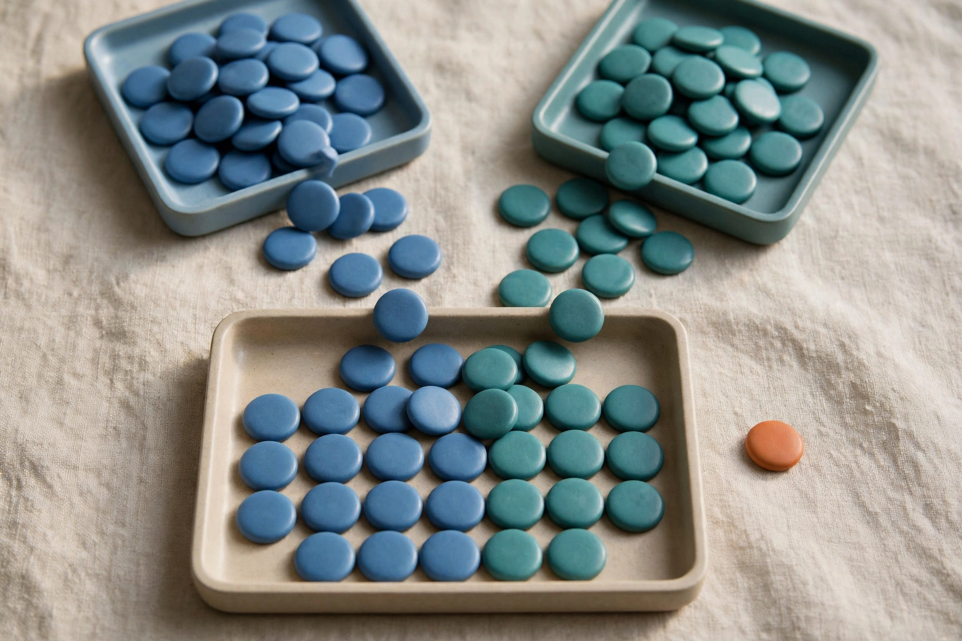 Two square trays of blue and teal tokens pour into a rectangular tray, with one orange token beside it on a textured cloth.
