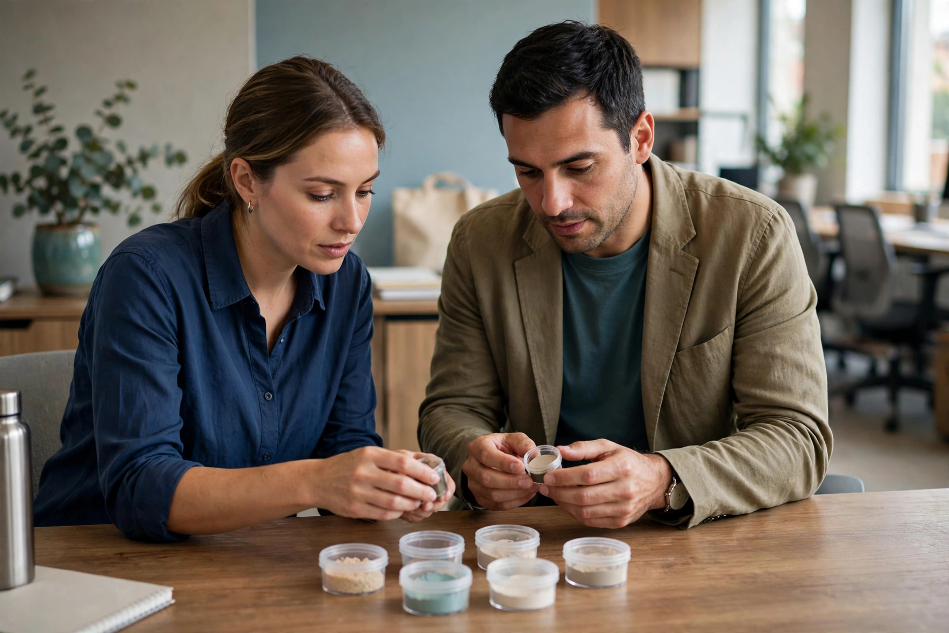 A woman and a man sit at a table comparing small containers of product samples during a client workshop.