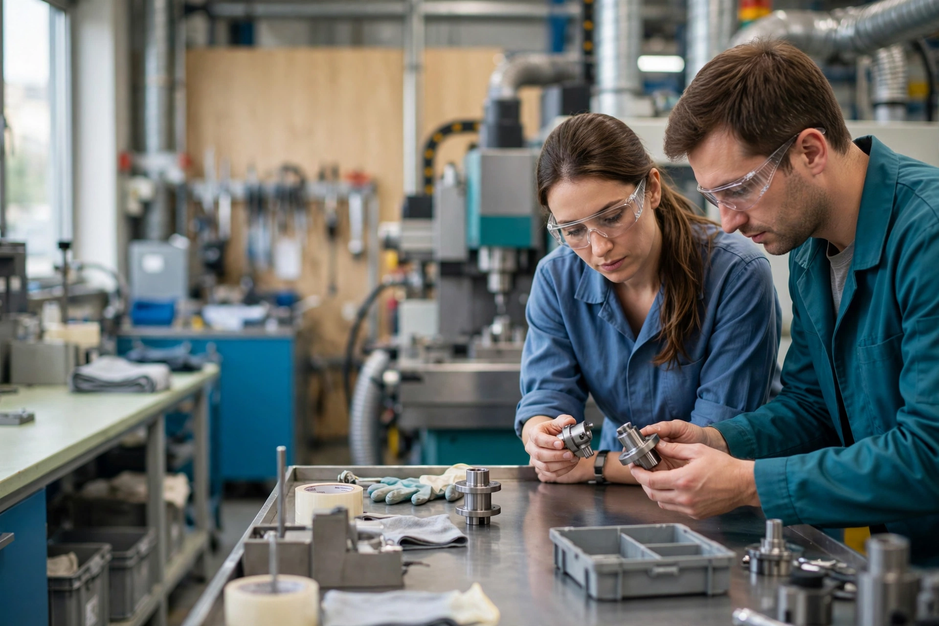 Two manufacturing professionals wearing safety glasses compare metal parts at a workbench in a clean factory setting.