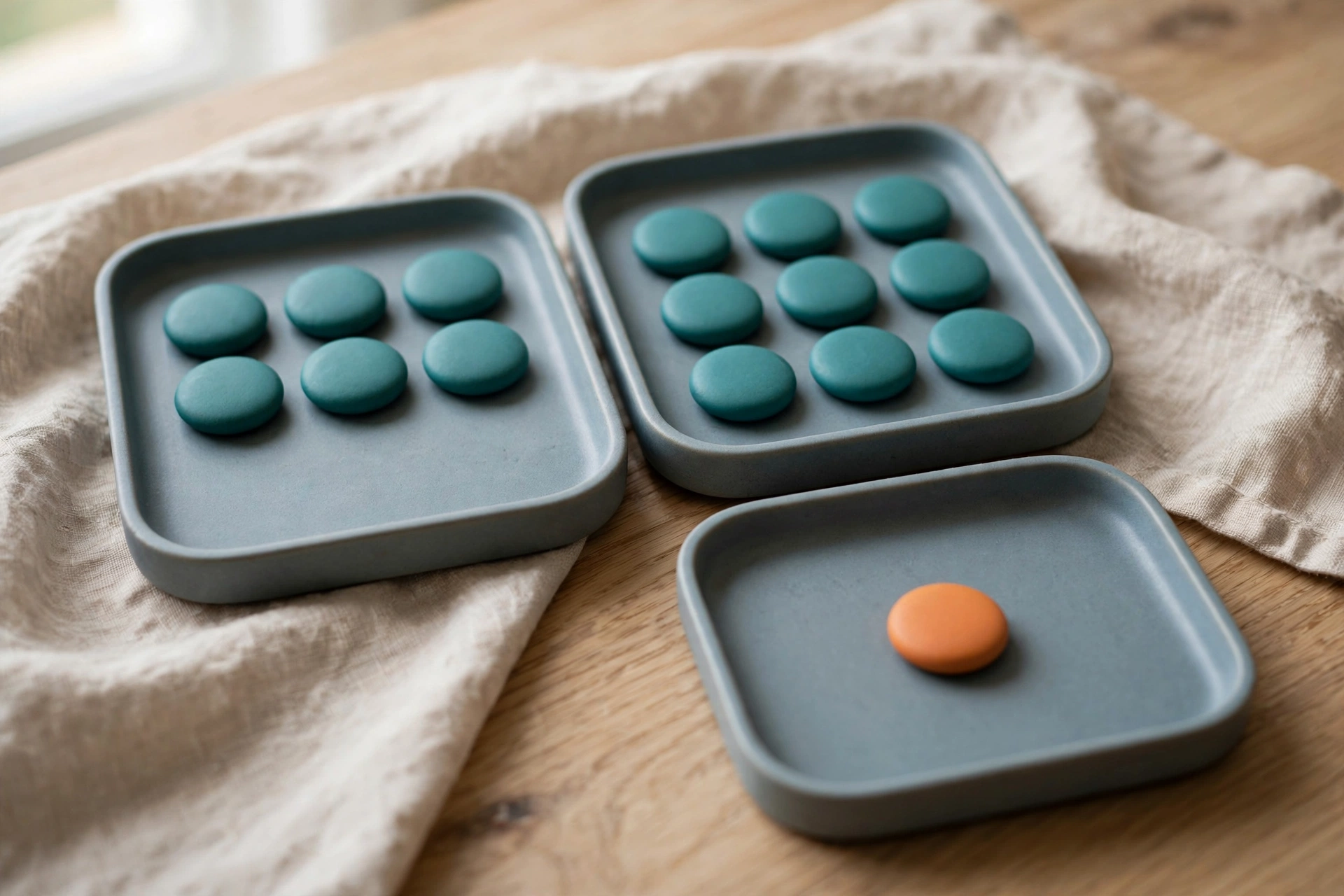 Three shallow trays with teal and orange tokens are arranged on a textured cloth.
