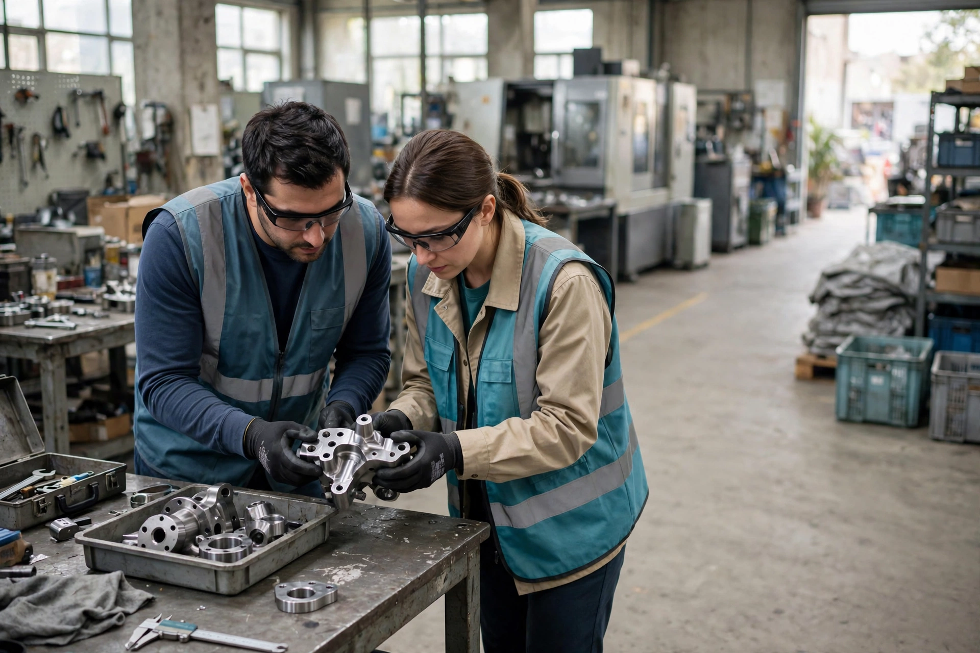 A man and a woman wearing safety vests and glasses inspect a metal component in a factory work cell.