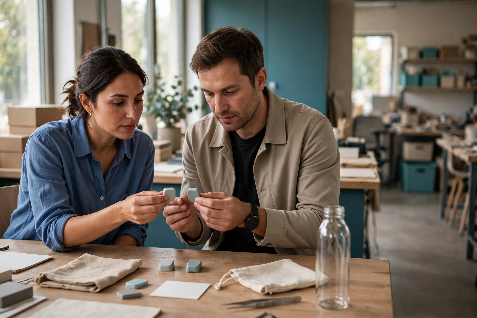 A man and a woman examine small gray objects at a wooden table in a workshop setting.