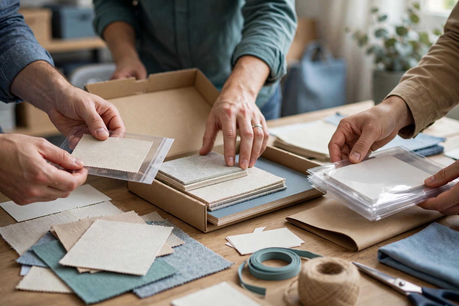 Three people's hands are visible arranging fabric samples on a wooden table in a real workplace setting.
