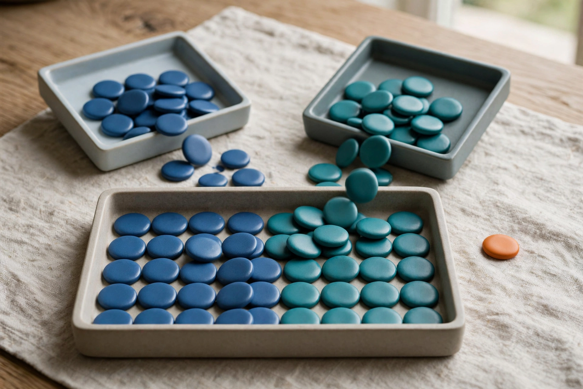 Two square trays of blue and teal tokens are shown, with tokens spilling into a larger rectangular tray where they are organized.