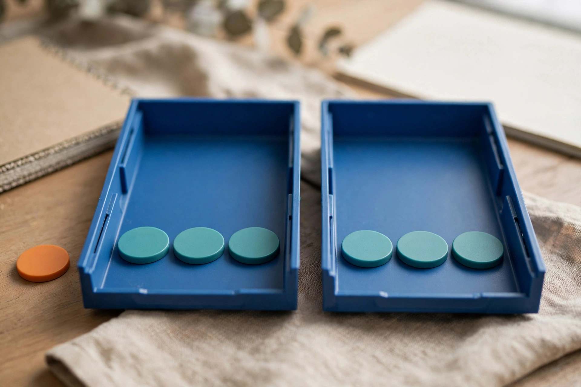 Two blue sorting trays hold teal tokens, with an orange token placed outside one tray on a wooden surface.