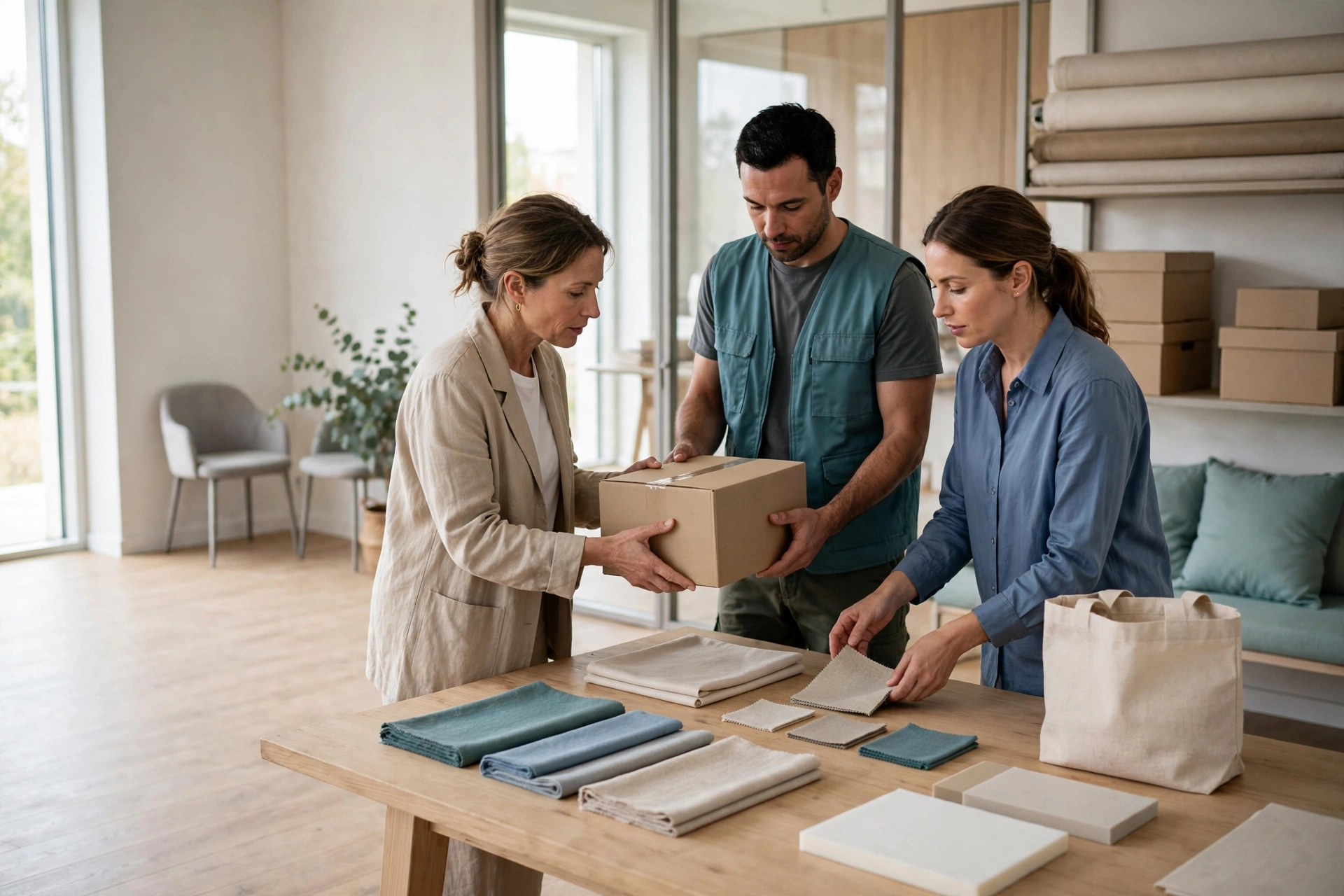 Three people stand around a wooden table in a bright room, coordinating a customer handoff with fabric samples and a cardboard box.