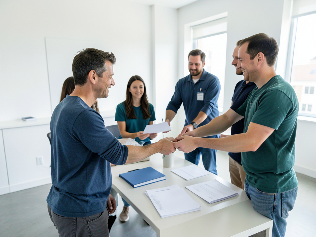 A sales and delivery team shakes hands while coordinating a customer handoff in a bright project room with papers on a table.
