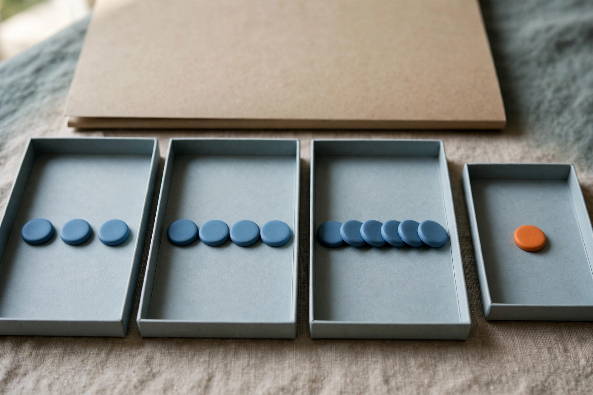 Four office trays with blue tokens show progression, and an orange token in the last tray represents an exception.
