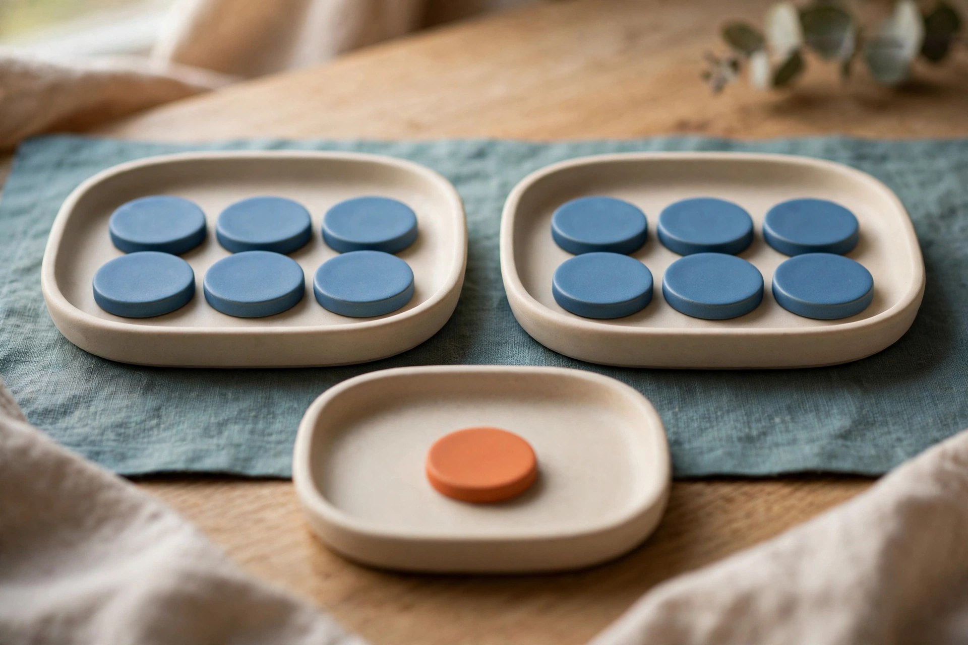 Two trays of blue tokens sit side-by-side, with a third tray holding a single orange token in front.