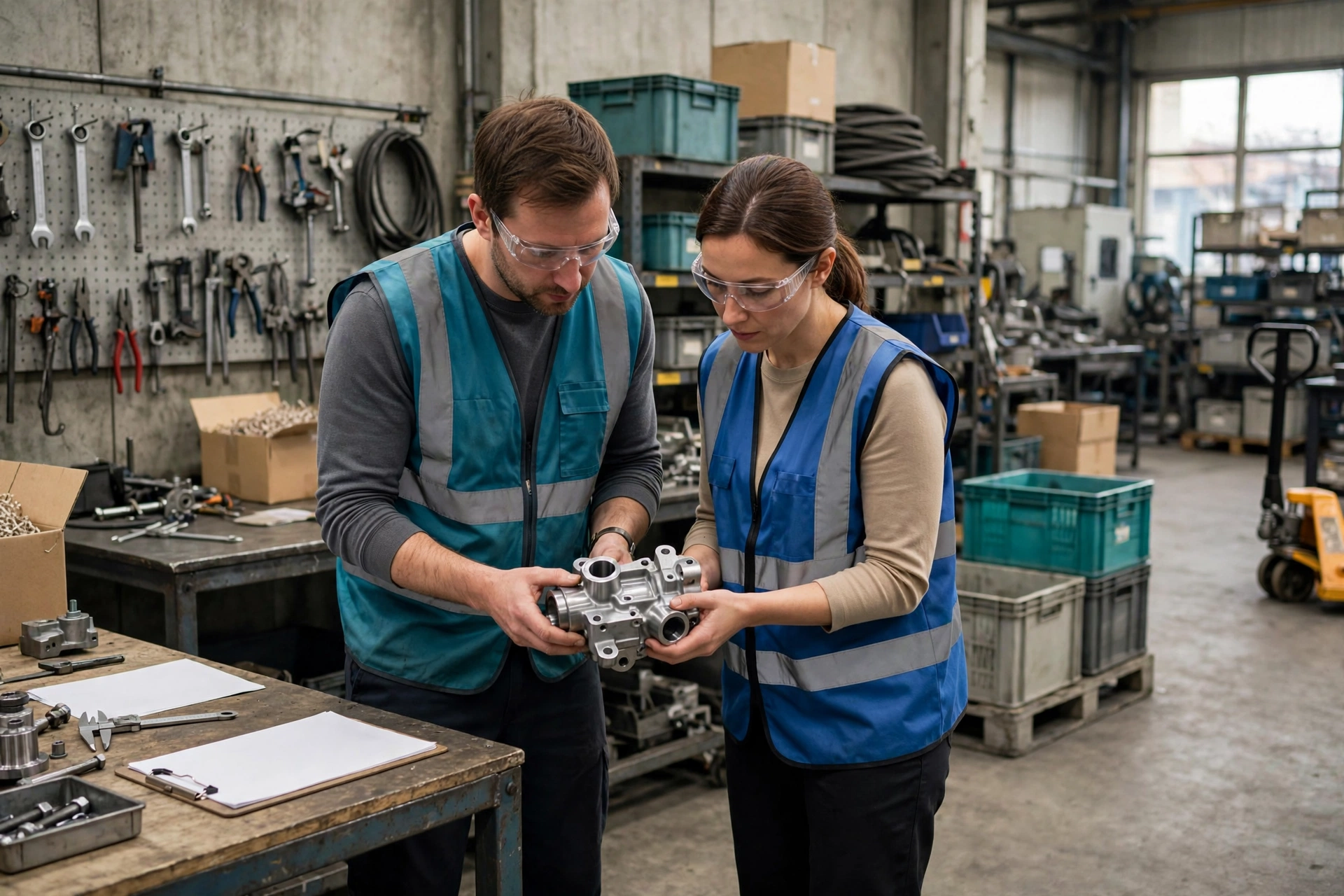 A man and a woman wearing safety glasses and vests inspect a metal component in a factory work cell.