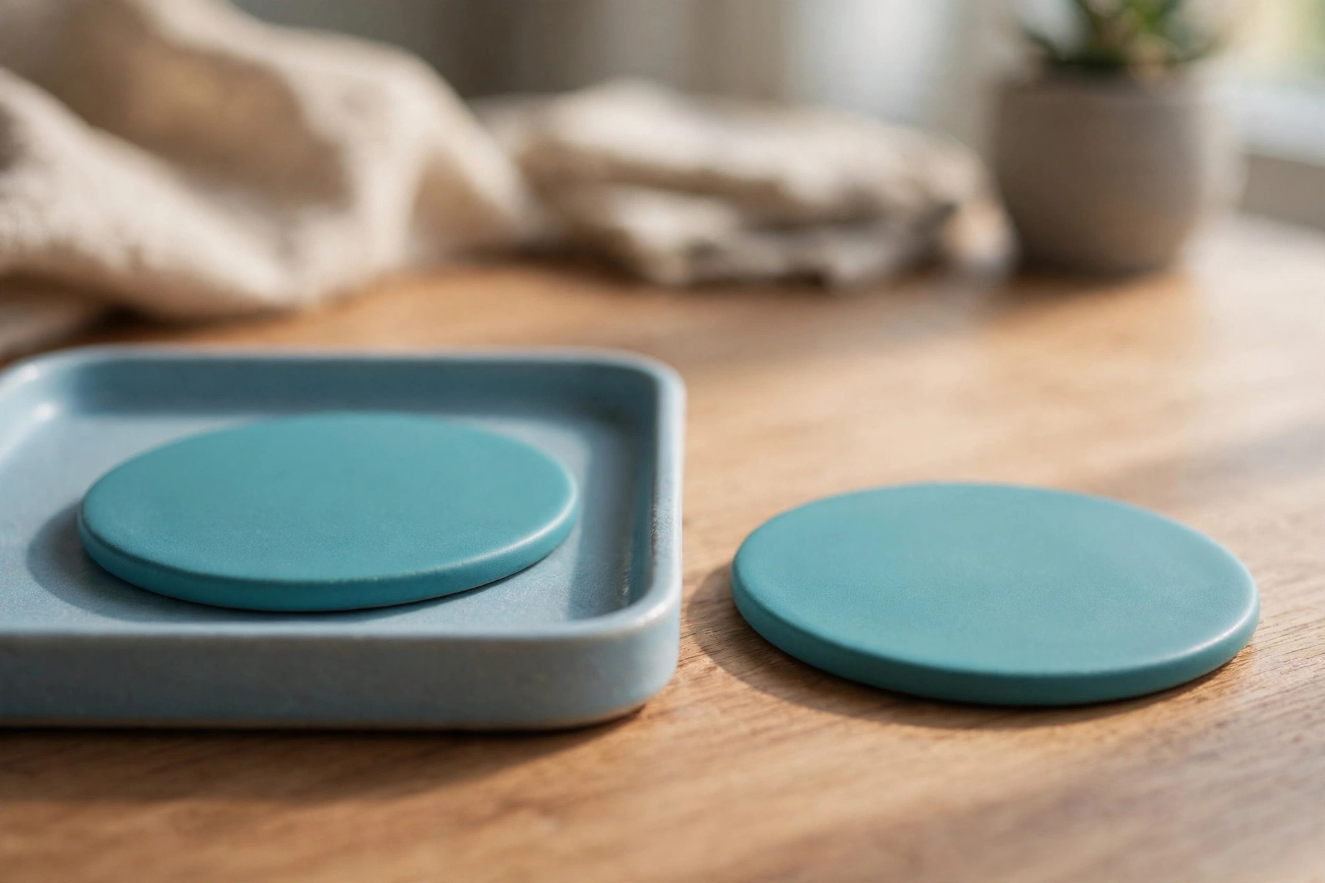 Two identical teal discs are shown on a wooden desk, with one disc placed inside a blue tray and the other disc placed separately outside the tray.