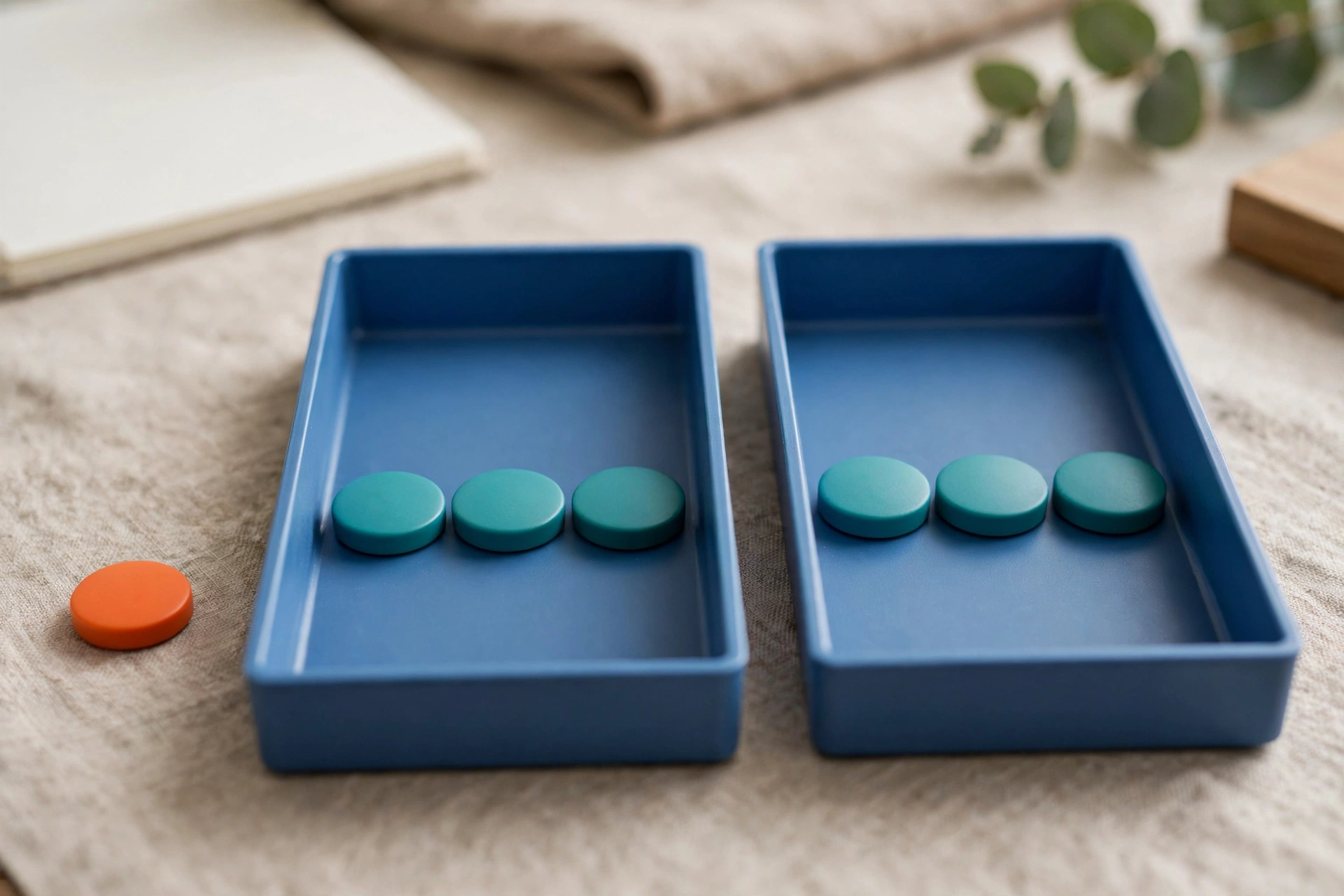 Two blue sorting trays hold rows of teal tokens, with an orange token placed outside one tray on a textured surface.