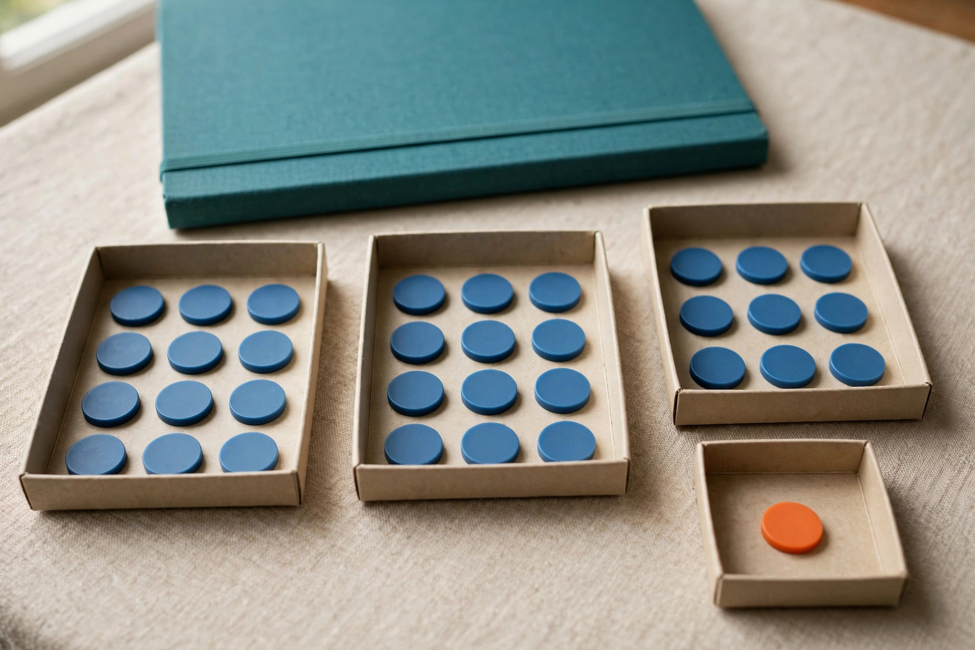 Blue tokens are distributed in three trays, with one orange token isolated in a fourth tray, and a teal folder behind.