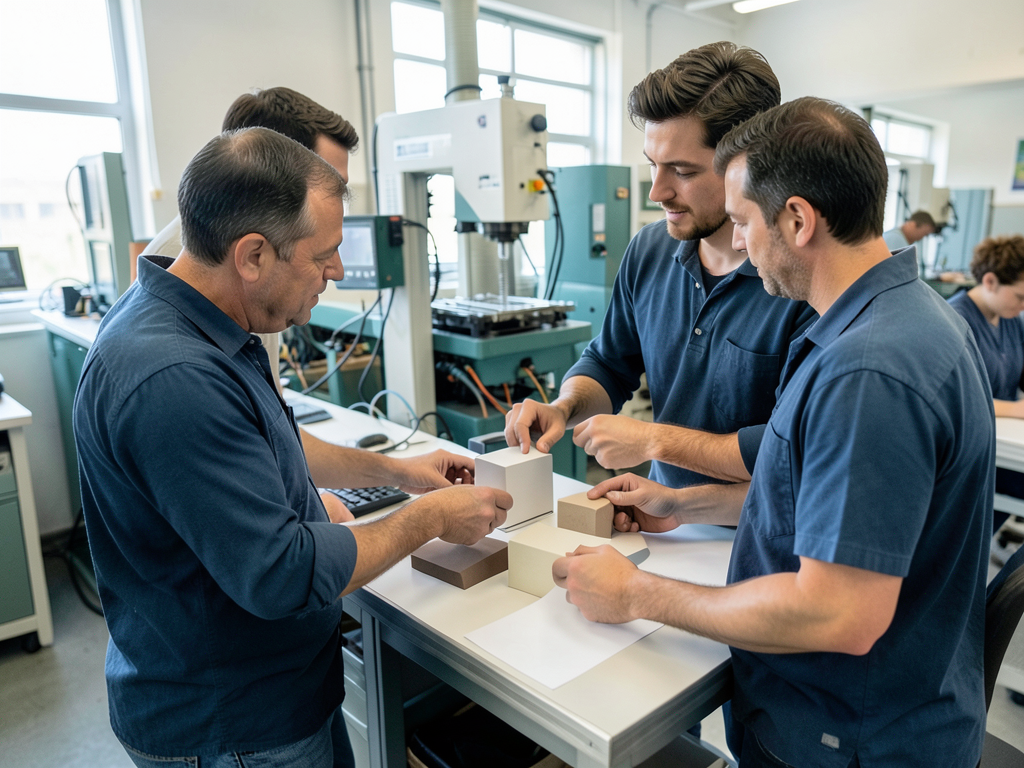 Four men in a manufacturing setting compare small sample parts on a table, with machinery in the background.