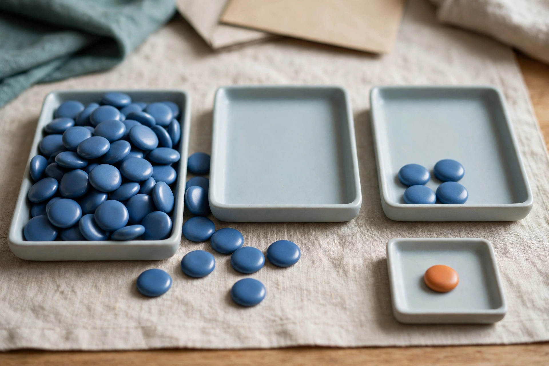 Three shallow trays hold blue tokens, with one tray containing an orange token, arranged on a textured surface.