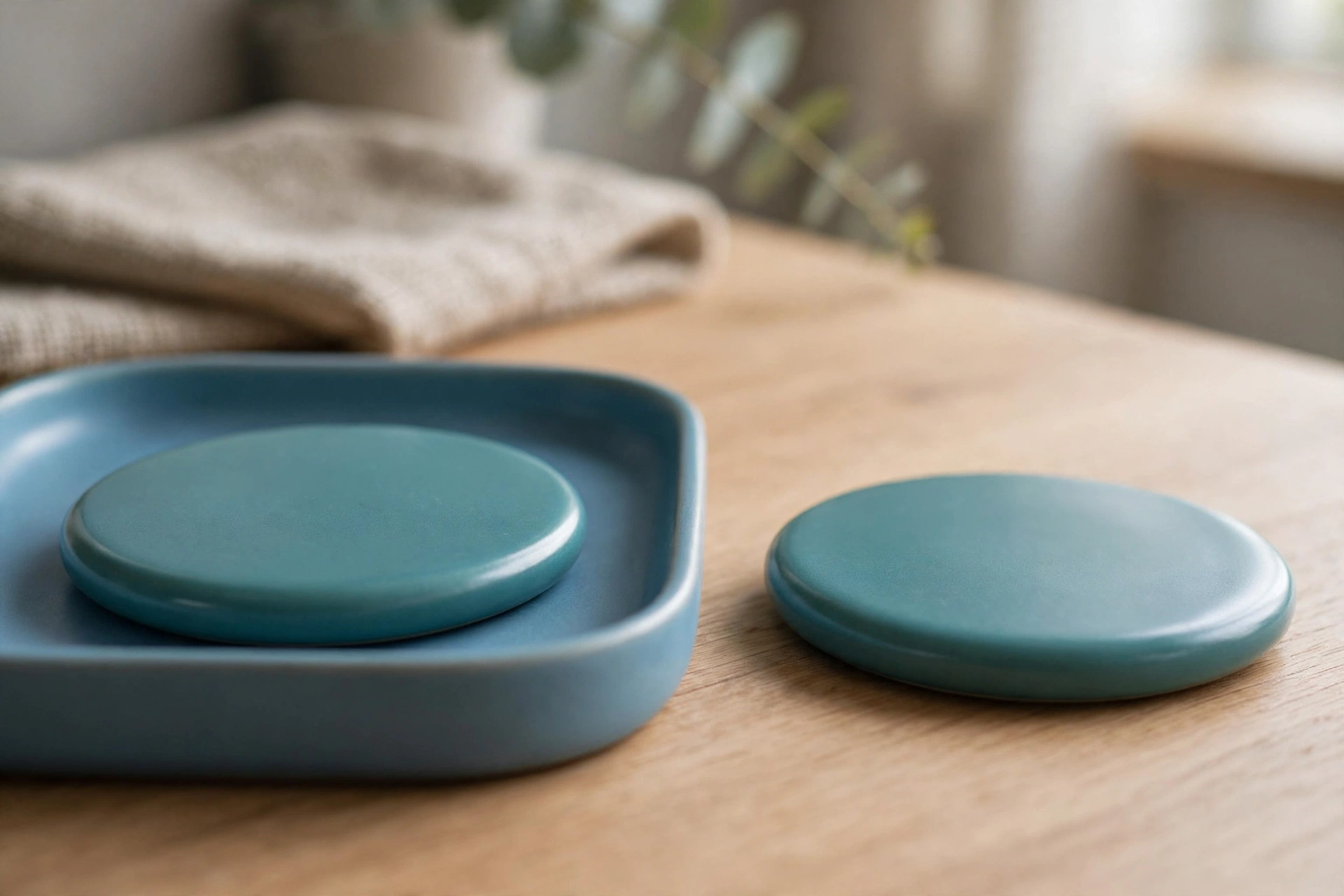 Two identical teal discs are shown on a wooden desk; one disc rests inside a blue tray, and the other sits separately beside it.