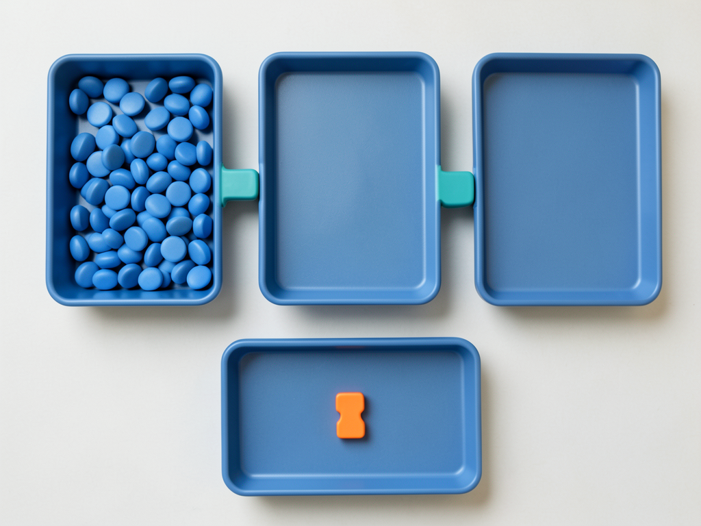Three blue trays are arranged left to right with blue tokens inside, connected by teal pieces, and a fourth tray below holds an orange token.