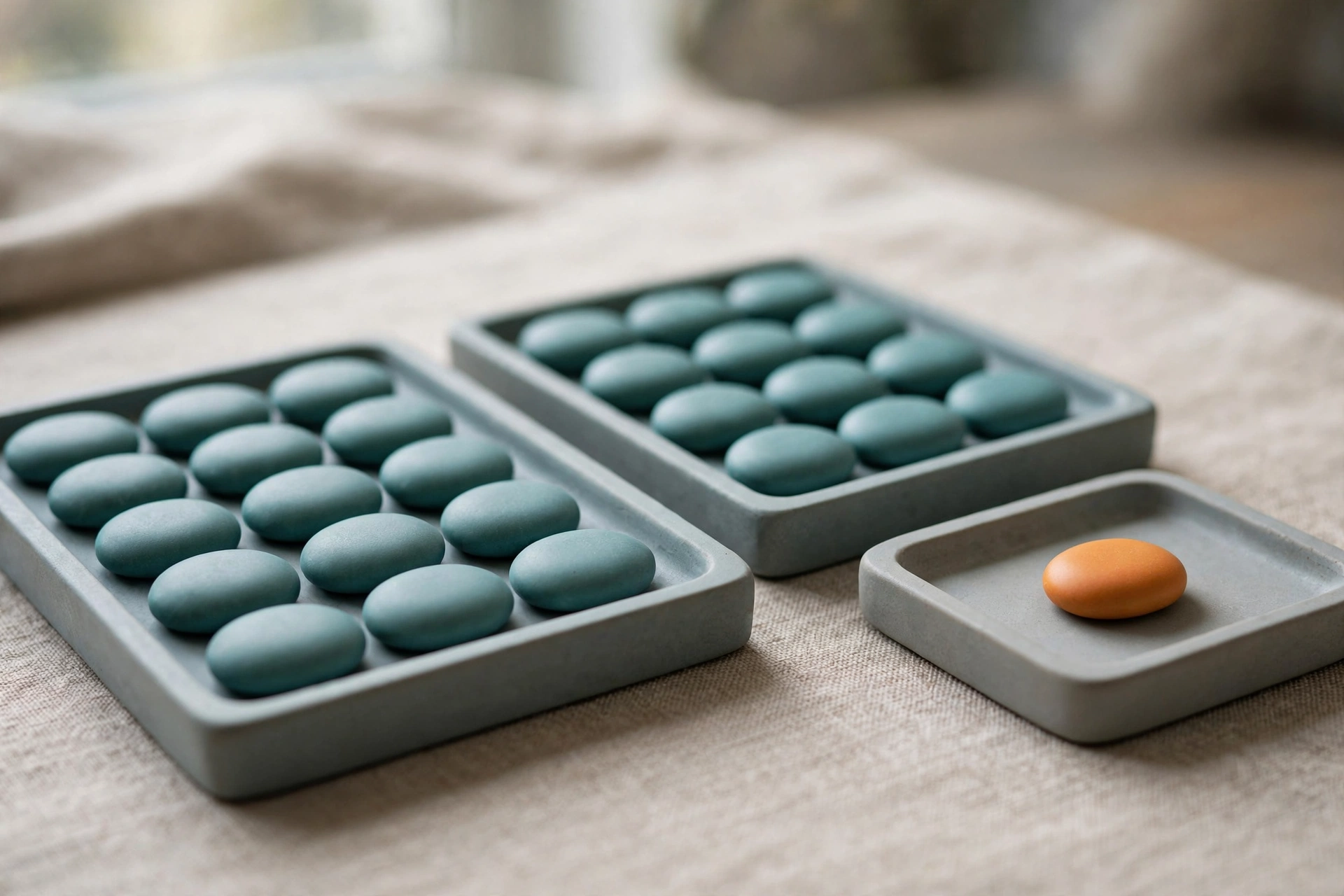 Two trays of teal tokens sit next to a tray with a single orange token on a textured surface.