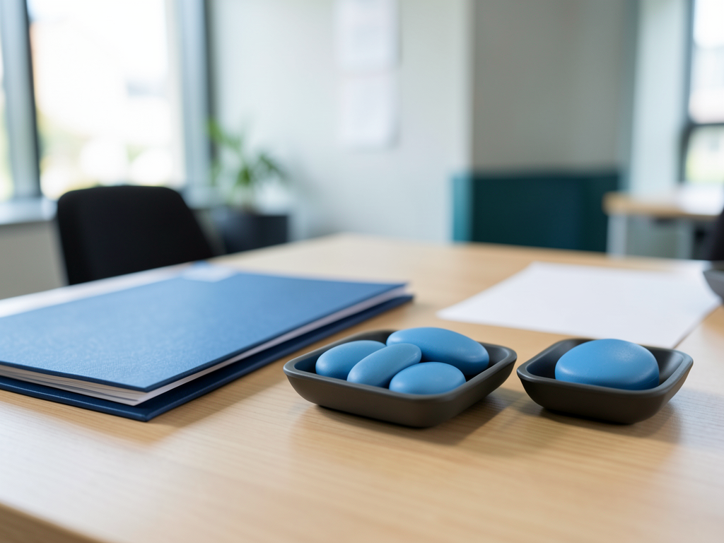 Blue tokens are arranged in trays on a desk next to folders, symbolizing a project handoff in a blurred office setting.