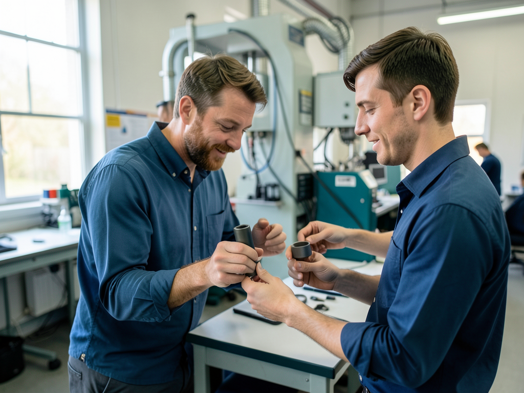 Two men in a manufacturing setting compare metal parts at a clean assembly station with machinery in the background.