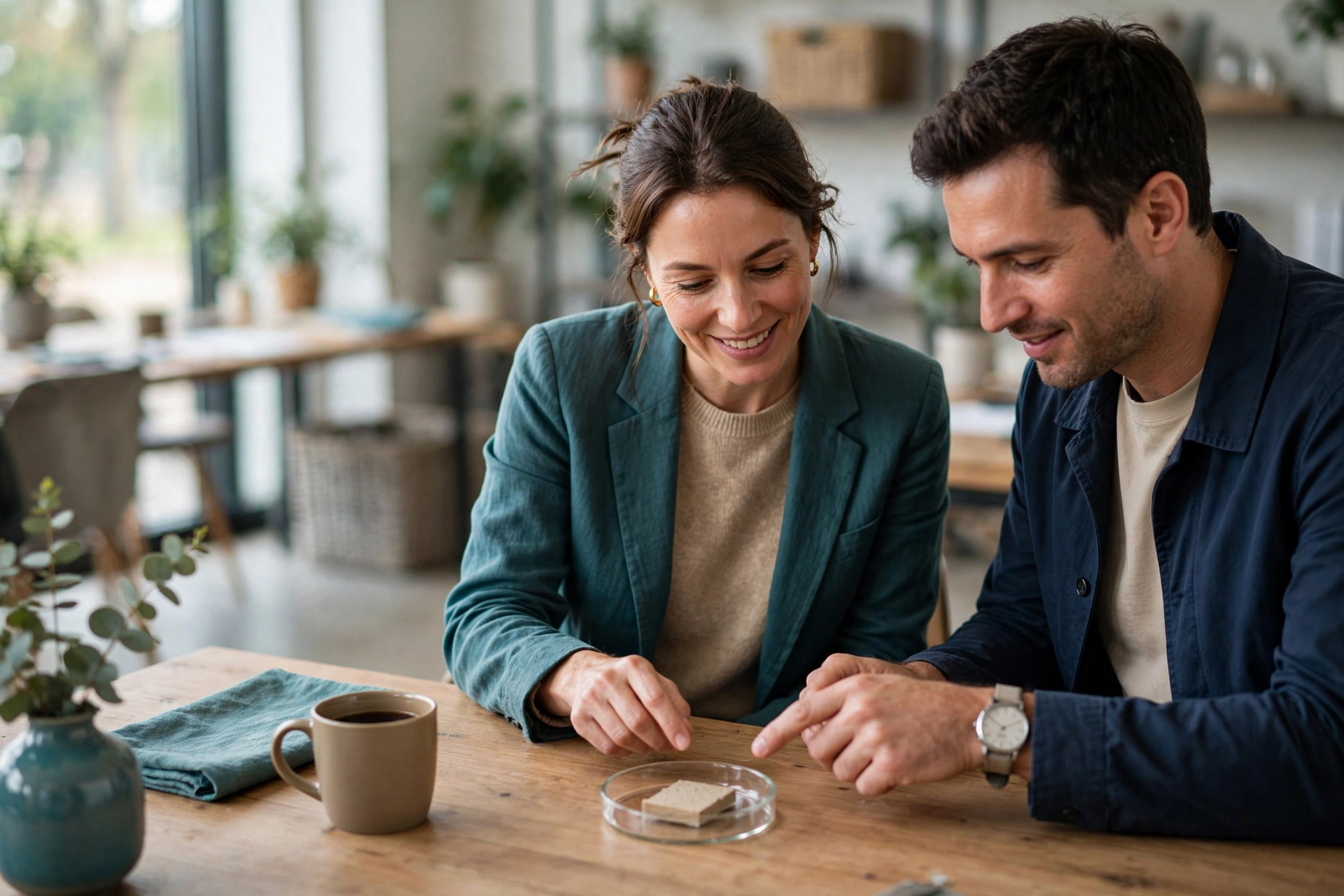 A man and a woman sit at a table, looking at a small sample on a petri dish.