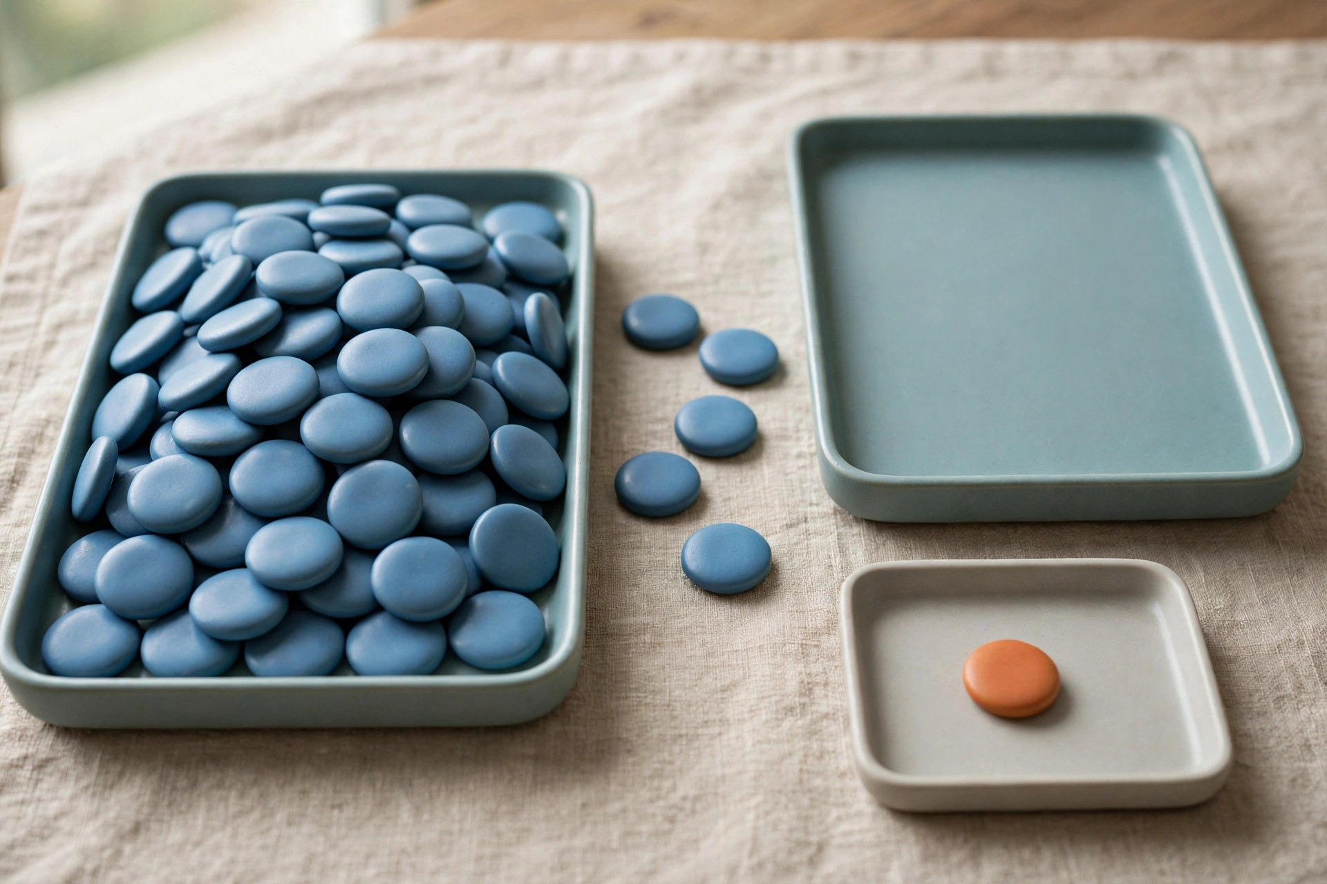 Three shallow trays with blue tokens and one tray with an orange token are arranged on a textured surface.