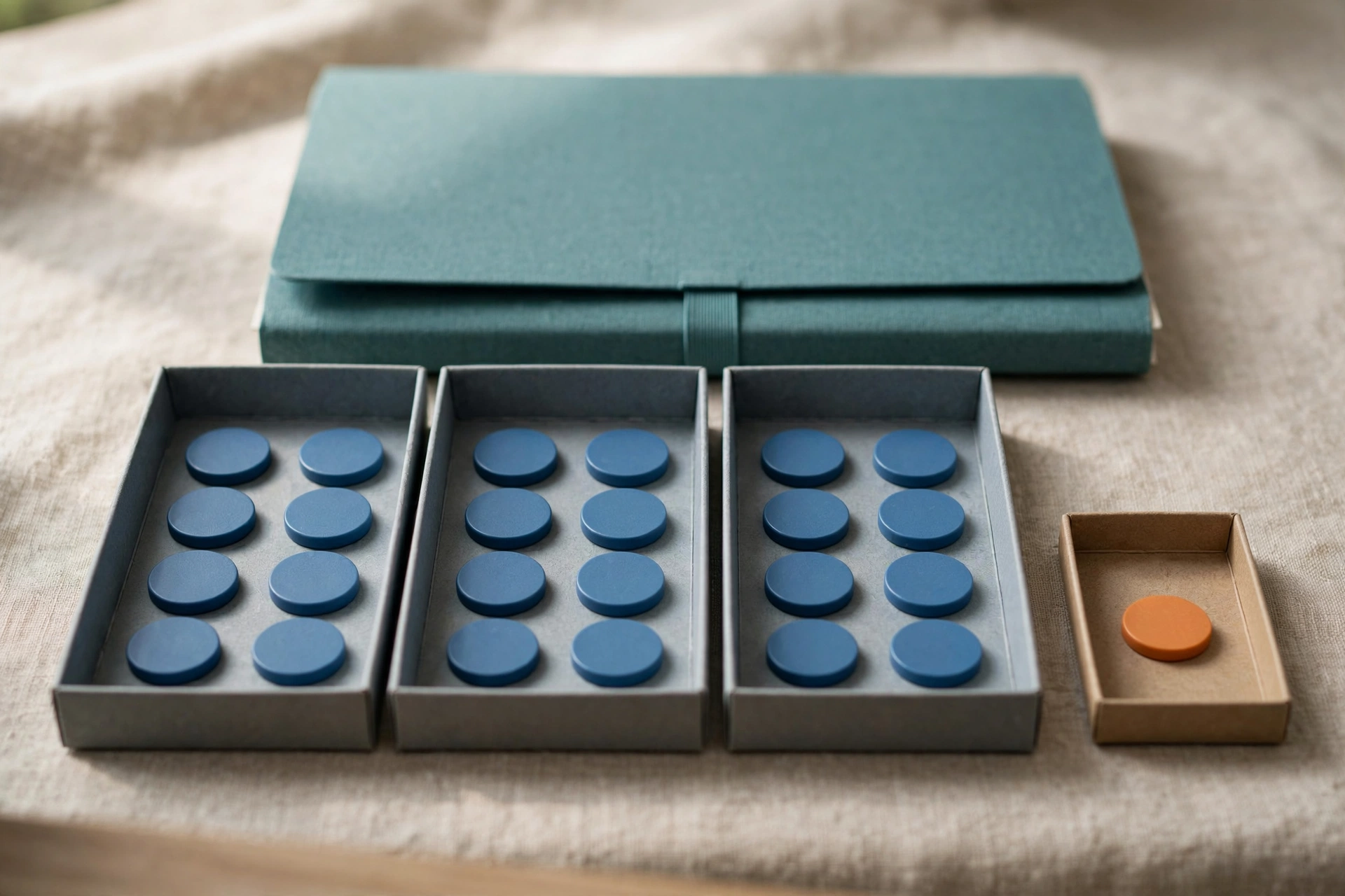 Blue tokens are distributed in three trays, with one orange token in a small separate tray, and a closed teal folder behind.