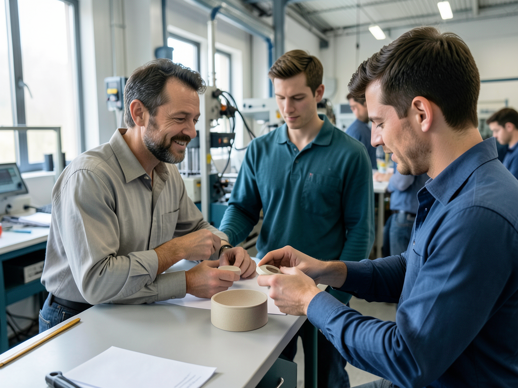 Three men in a manufacturing setting compare sample parts at a clean assembly station, with machinery visible behind them.