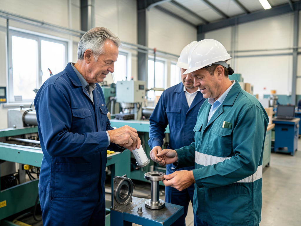 Three men in a factory work cell inspect a metal component, with two wearing protective attire and hard hats.