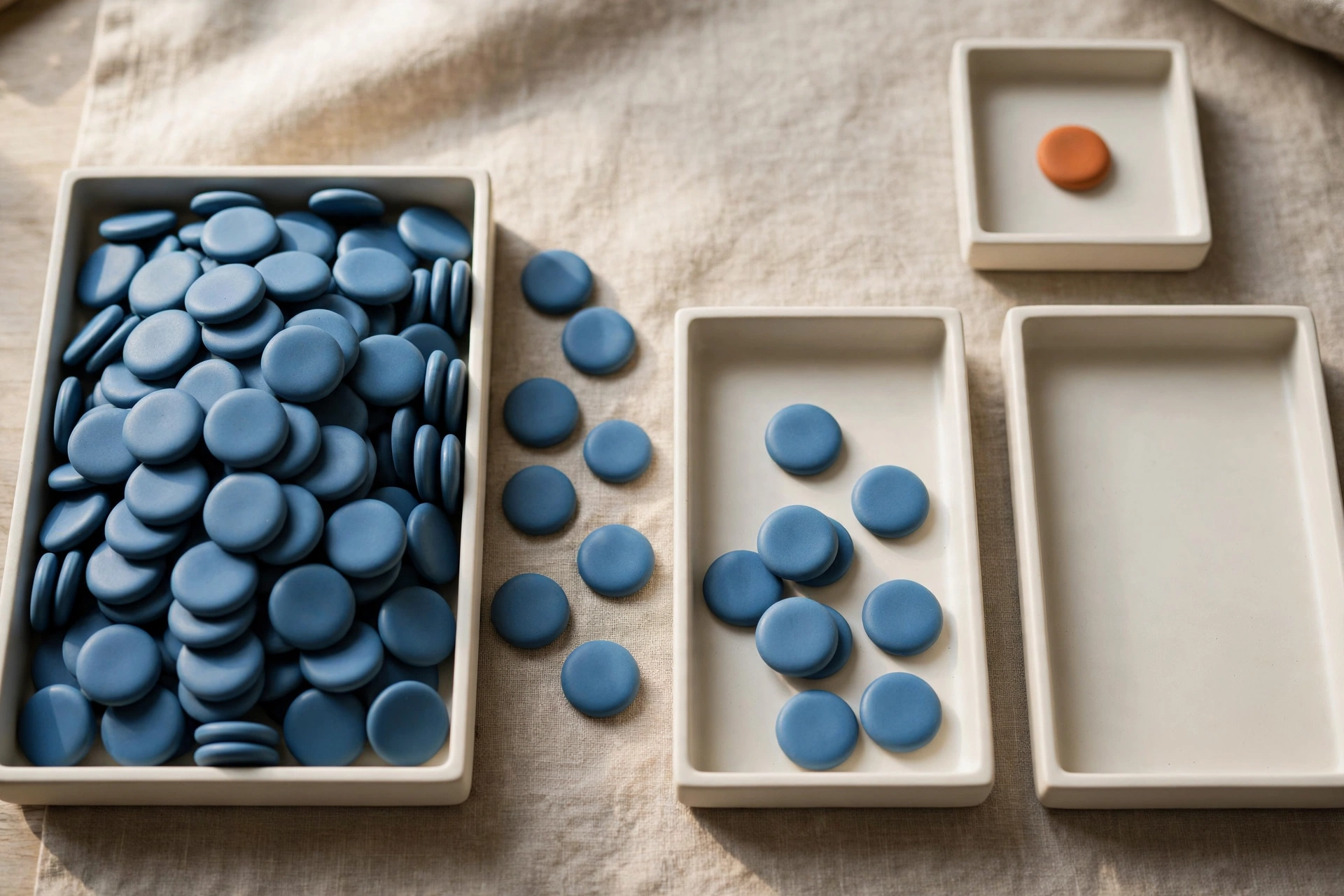 Three shallow trays hold blue tokens, with one tray containing an orange token, arranged on a textured surface.
