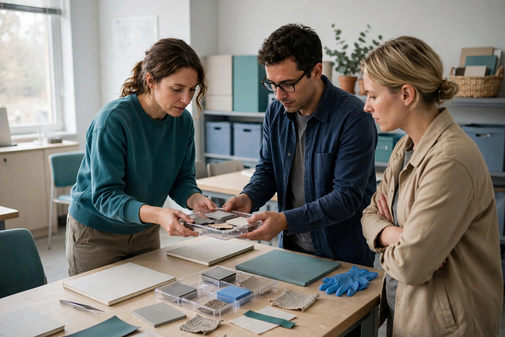 A woman holds a tray of material samples while a man and another woman observe in a bright training room.