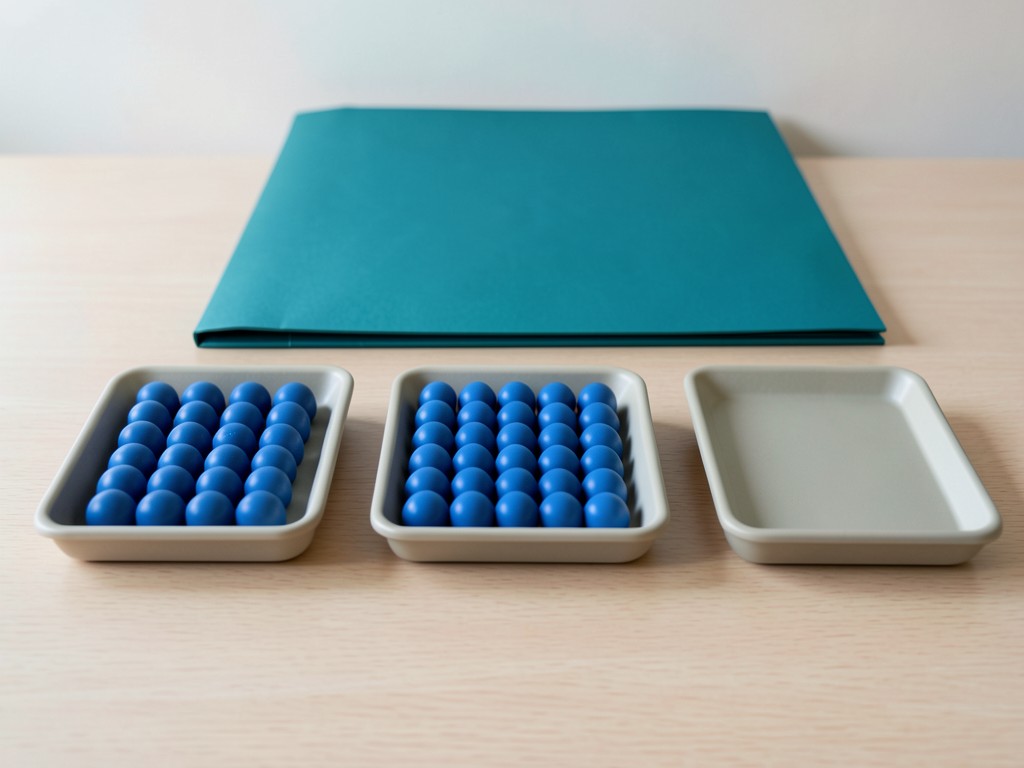 Three trays with blue tokens and a teal folder are arranged on a wooden desk.