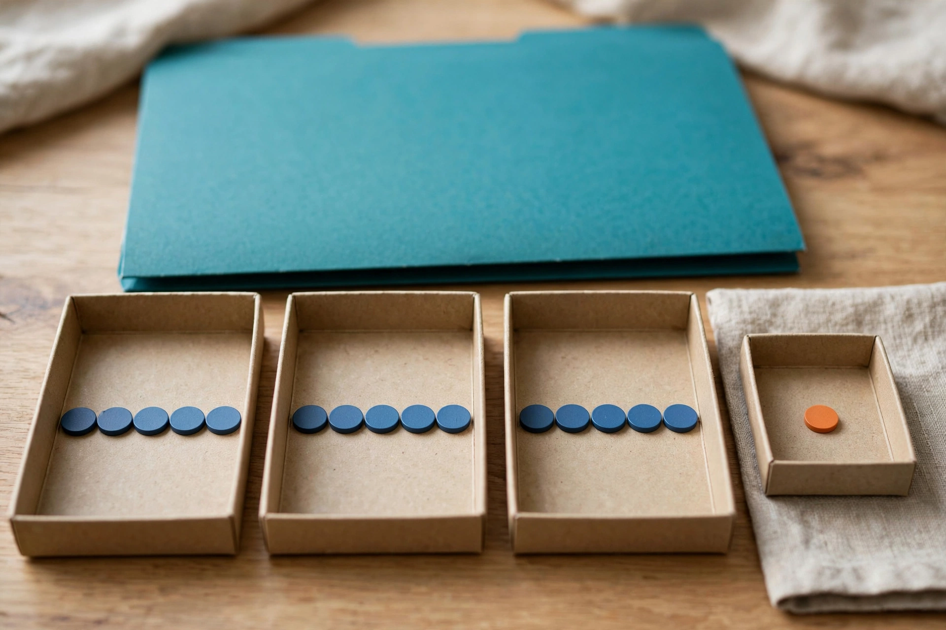 Blue tokens are distributed in three trays, and a single orange token is in a fourth, smaller tray, with a teal folder behind.