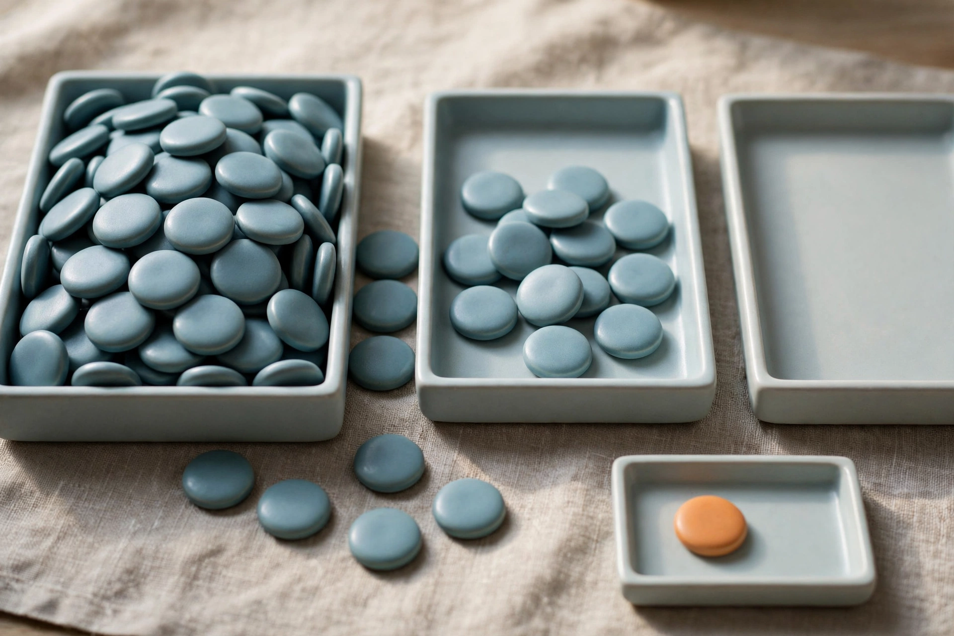 Three shallow trays hold blue ceramic tokens, with one tray empty and another holding a single orange token.