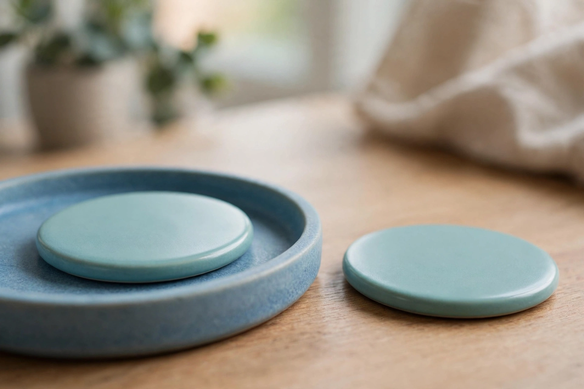 Two identical teal ceramic discs are displayed on a wooden surface, with one disc inside a blue tray and the other separated beside it.
