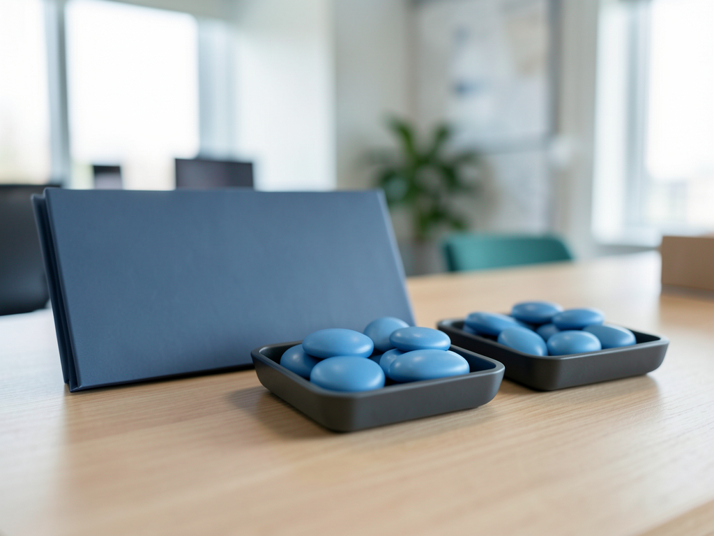 Blue tokens in dark trays and a blue folder are arranged on a wooden desk in a blurred office setting.