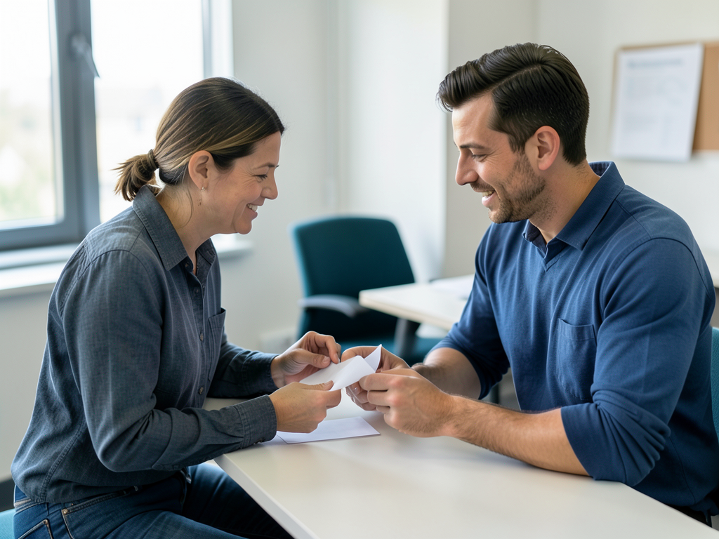 A man and a woman sit at a table, smiling as they review a piece of paper together in an office setting.