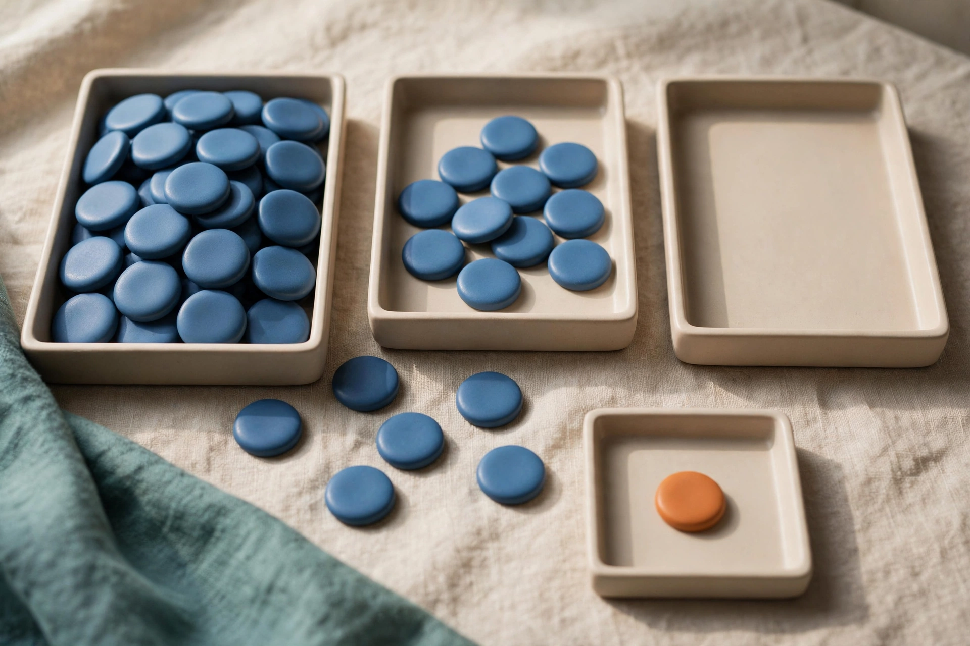 Three shallow trays hold blue ceramic tokens, with one tray empty and a separate small tray holding a single orange token.