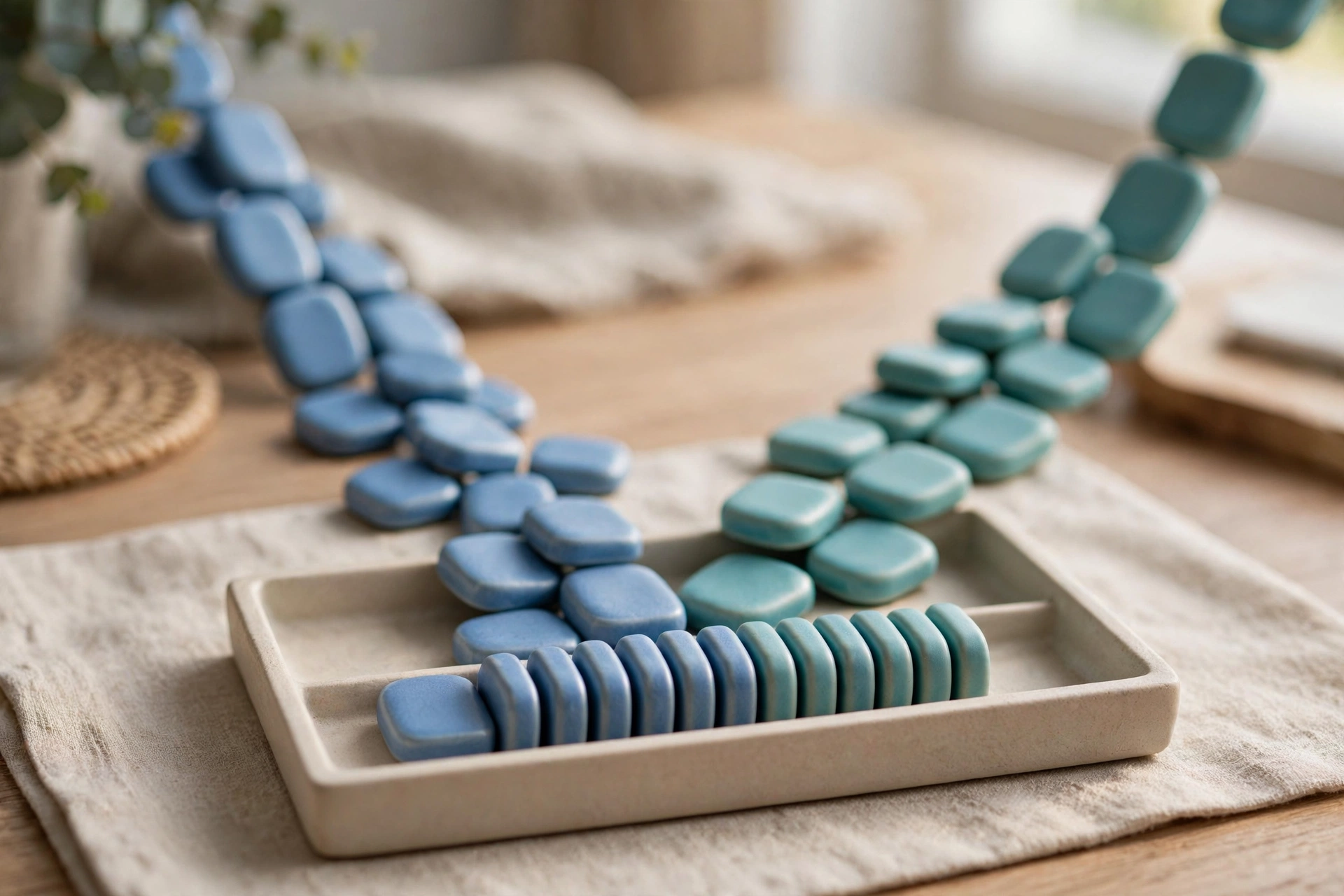 Two streams of blue and teal ceramic tokens converge into an ordered row in a shallow sorting tray on a wooden surface.
